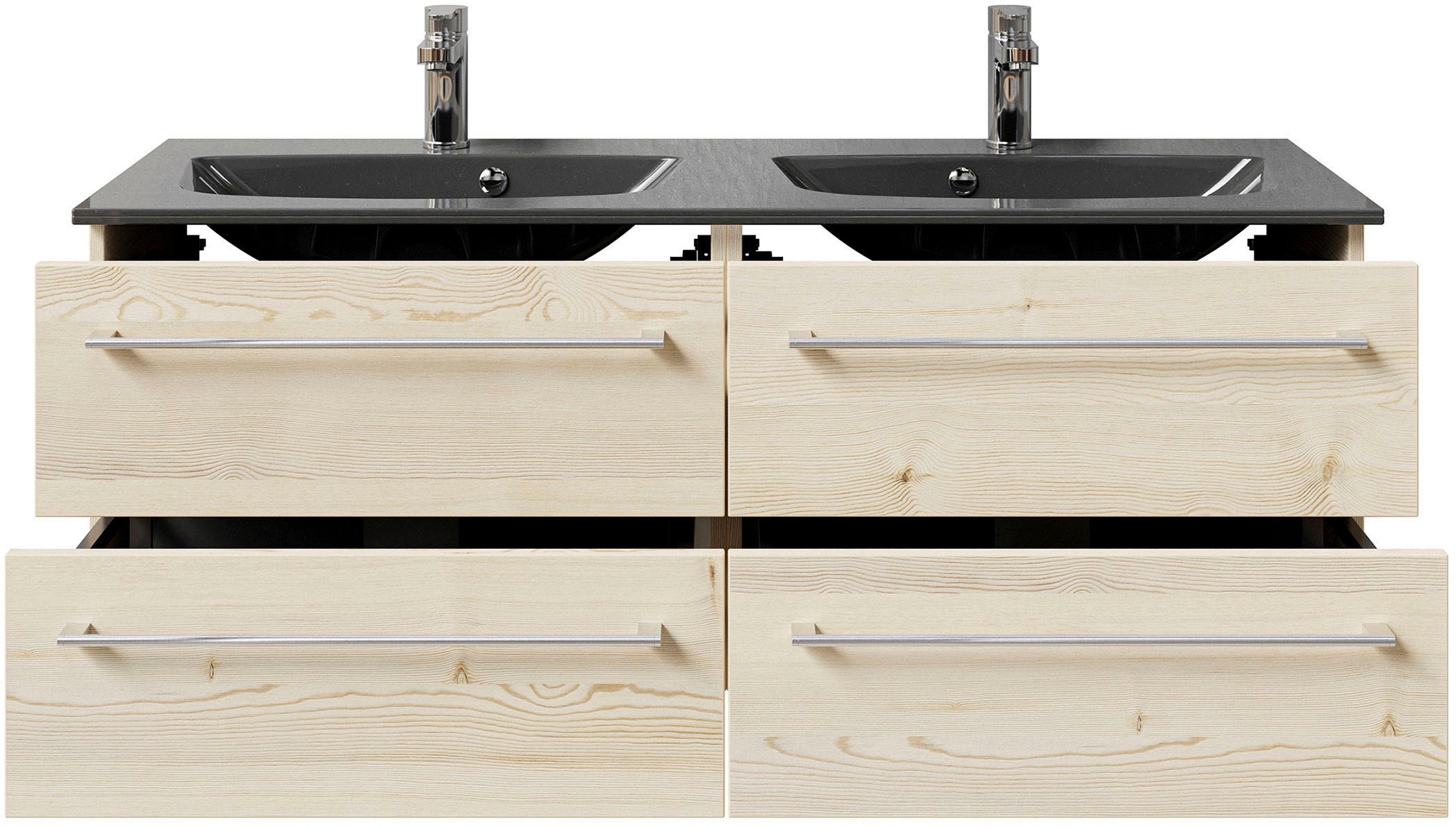 Saphir Badmöbel-Set »Serie 6025 2-teilig Mineralmarmor-Waschtisch mit LED-Spiegelschrank«, (2 St.), Waschplatz 132cm breit, 4 Schubladen, 2 Spiegel-Türen, inkl Türdämpfer