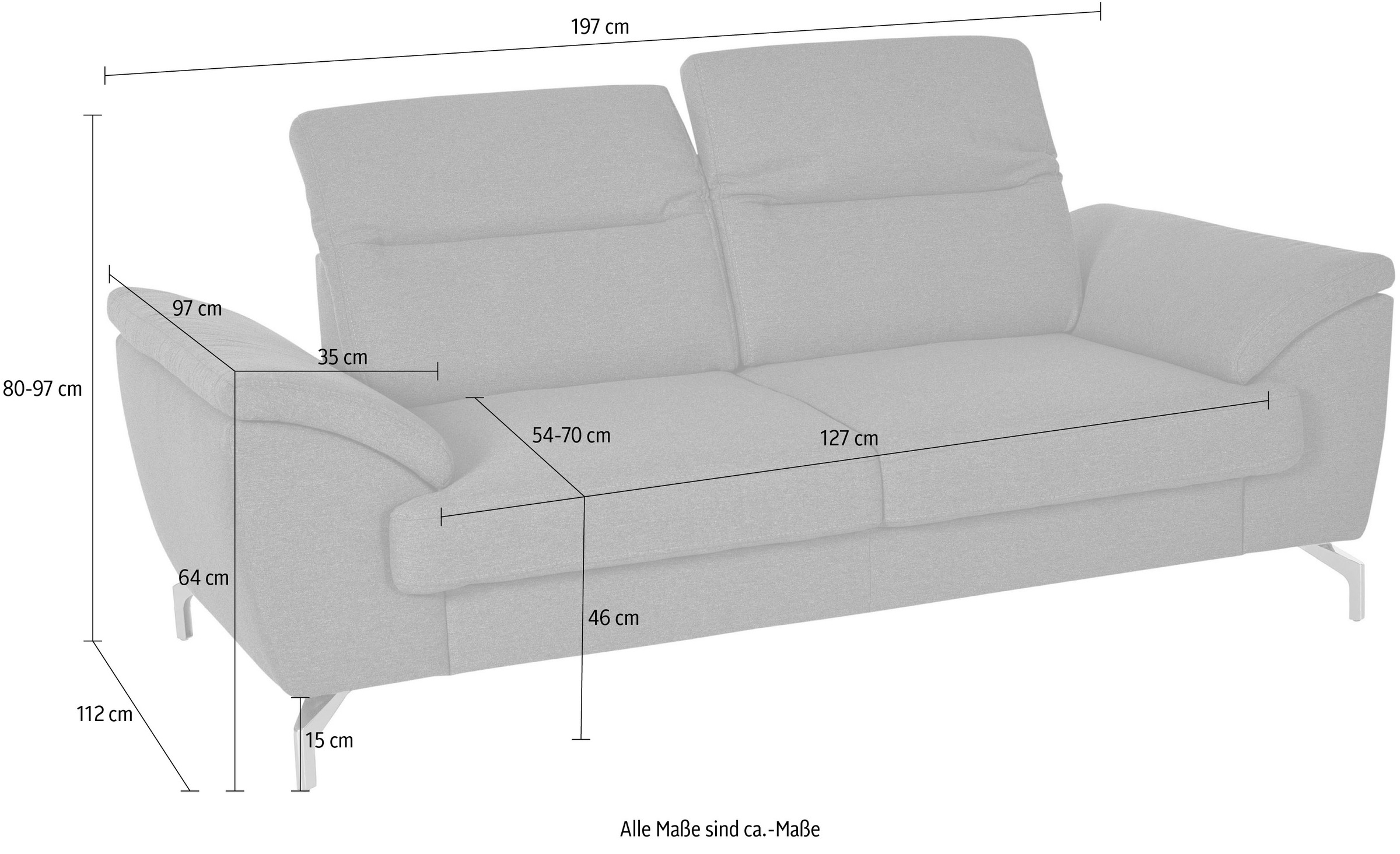 sit&more 2-Sitzer »Percy«, 15 cm Fußhöhe, Sitztiefenverstellung, wahlweise Kopfteilverstellung