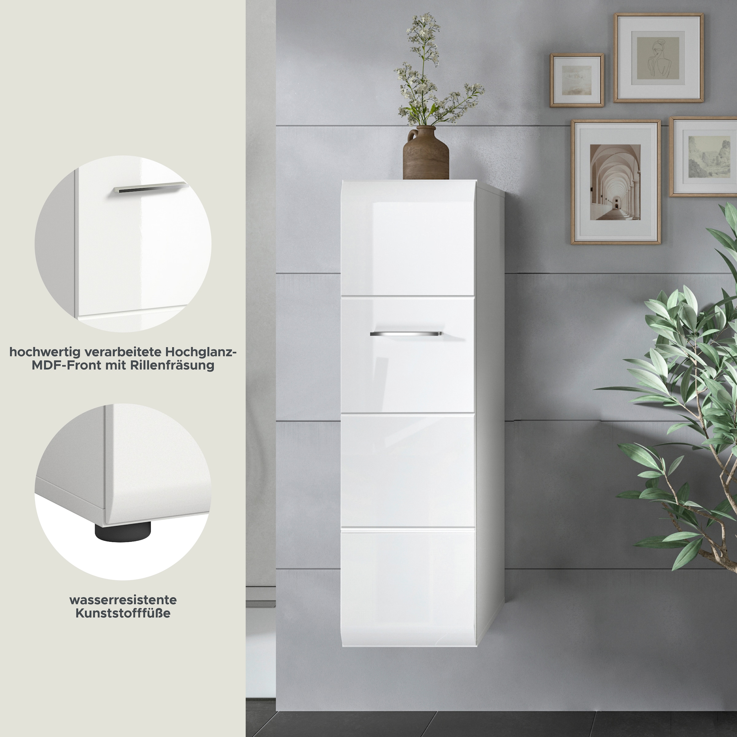 welltime Stauraumschrank 1 Stk. tlg. Florenz, Stauraumschrank, Weiß Hochglanz, 30 cm breit, 4 Fächer