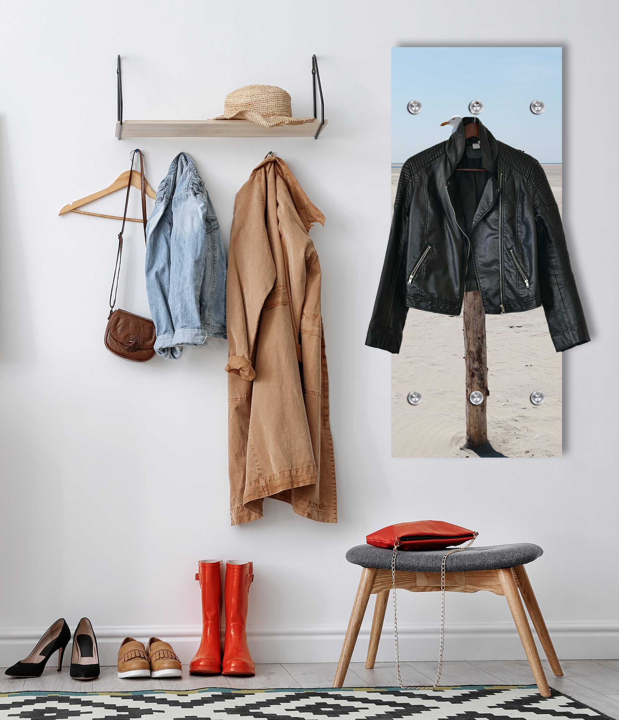 queence Garderobenpaneel »Wandgarderobe  mit Motiv Foto einer Möwe am Meer inkl. Edelstahlhaken« 1 Stk. tlg. HD Premium Druck auf Acrylglas