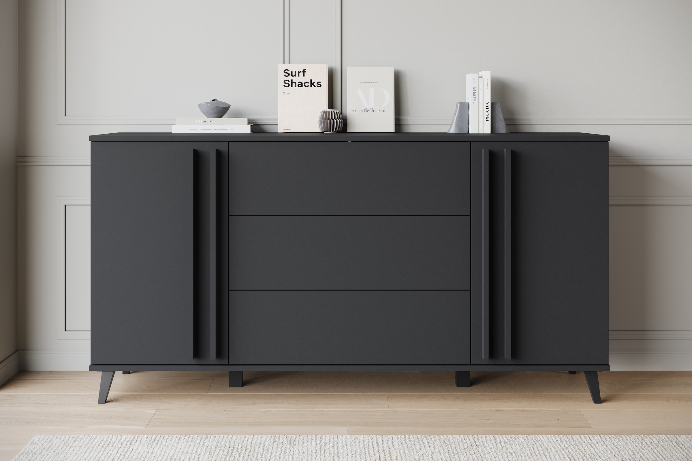 INOSIGN Sideboard »Helsinki, Kommode mit 2 Türen und 3 Schubladen, Breite 150 cm«, (1 St.), Push-to-Open-Schubladen, höhenverstellbare Einlegeböden