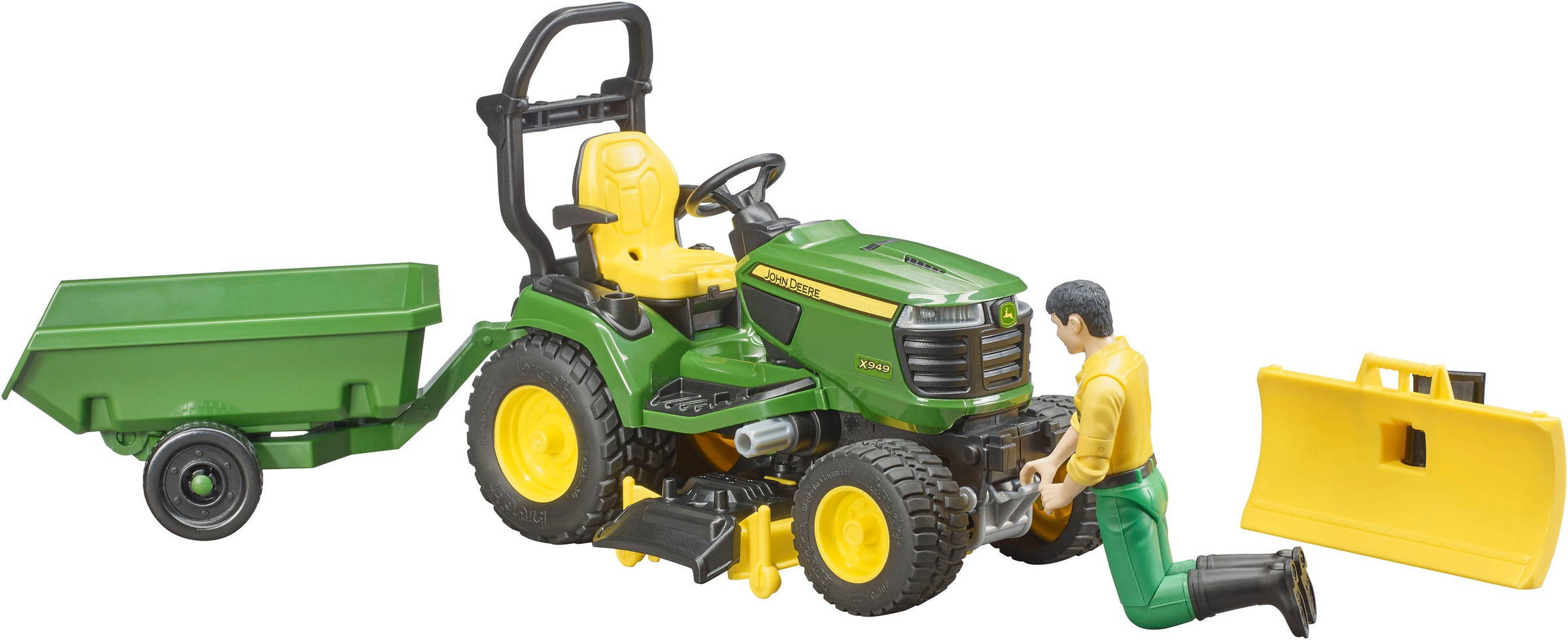 Bruder® Spielzeug-Traktor »bworld John Deere Aufsitzrasenmäher mit Anhänger und Gärtner (62104)« Made in Europe