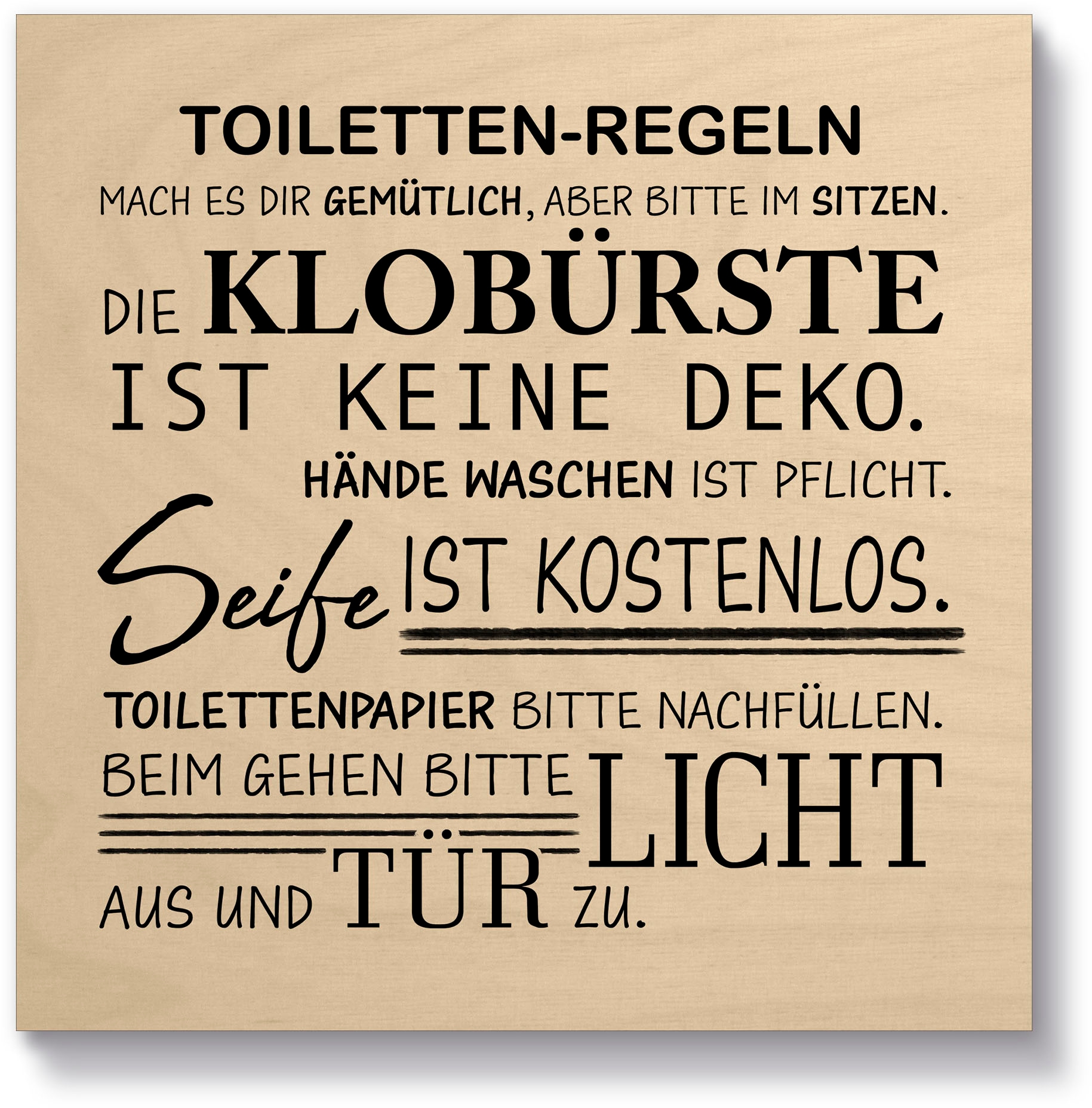 Texte, auf »Toilettenregeln«, bestellen Sprüche Rechnung Artland Holzbild (1 & St.)