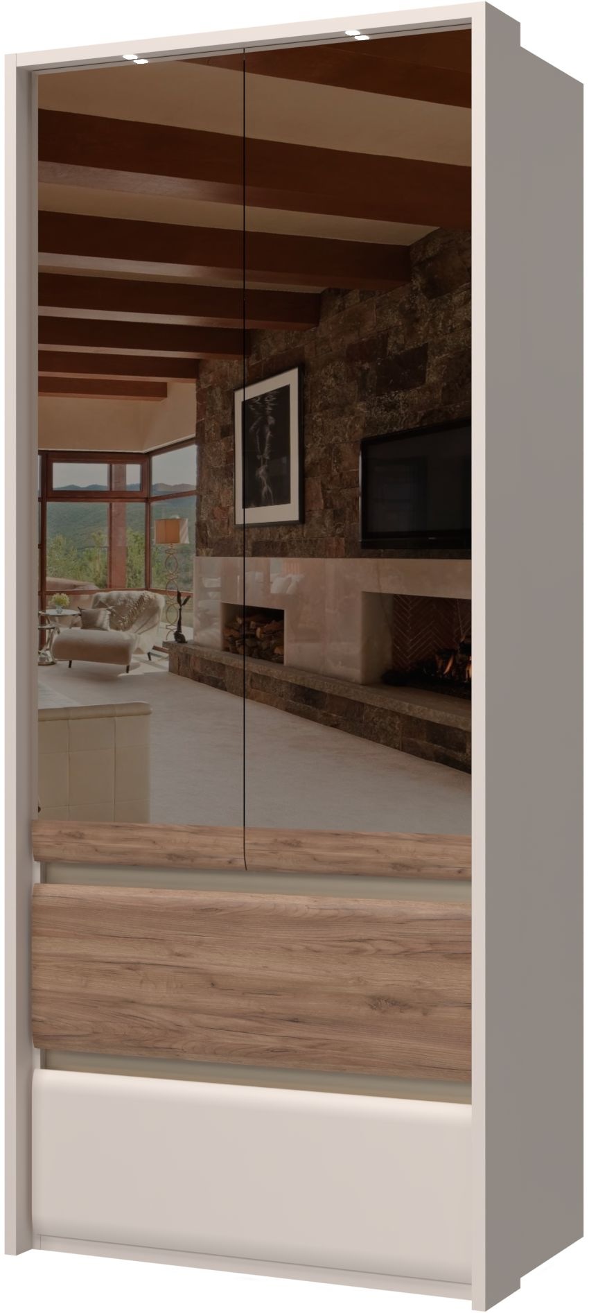 Places of Style Kleiderschrank »Invictus, UV lackiert, FSC-zertifiziert, grifflose Optik«, (abgerundete Schubladen aus MDF im Holzdekor, soft-close), mit Beleuchtung, Türen komplett verspiegelt, hoher Schrank (226cm)
