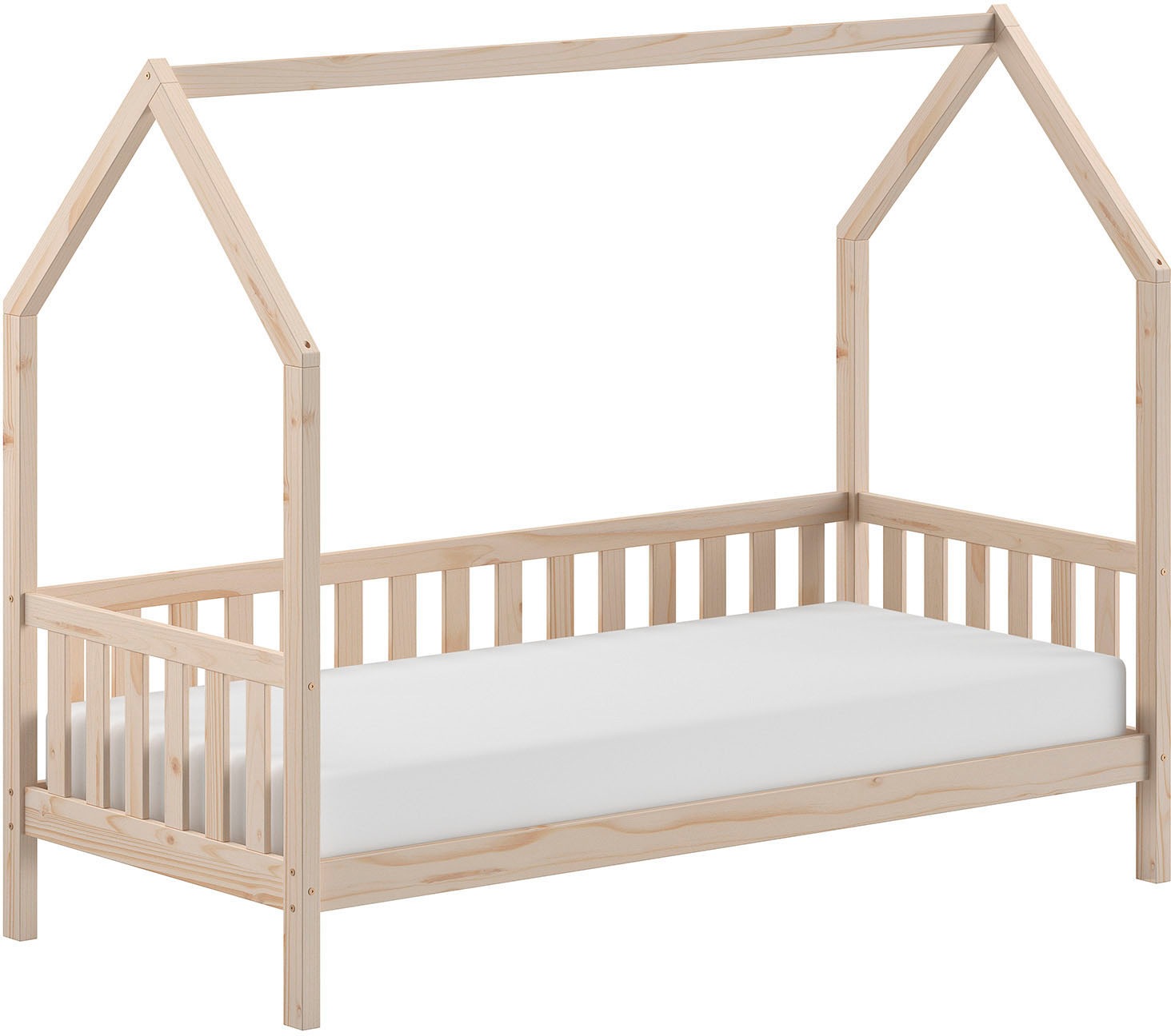 VIPACK Hausbett »Cabane, mit Dachaufbau und Sprossenumrandung in Landhaus-Optik« (B/H/T ca. 208x169x98 cm) aus massiver Eiche, Oberfläche Natur,...