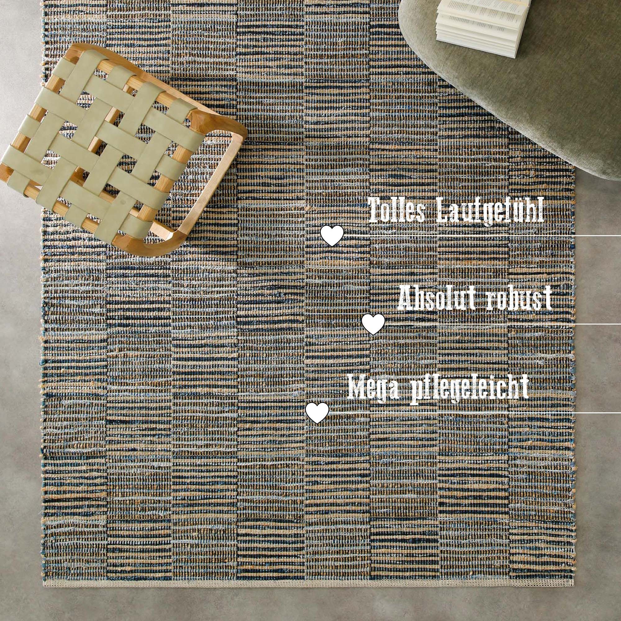 Wecon home Teppich »Denim Blues«, rechteckig, 6 mm Höhe, handgewebt, robust, pflegeleicht, skandi, Natur, Jute, Wohnzimmer