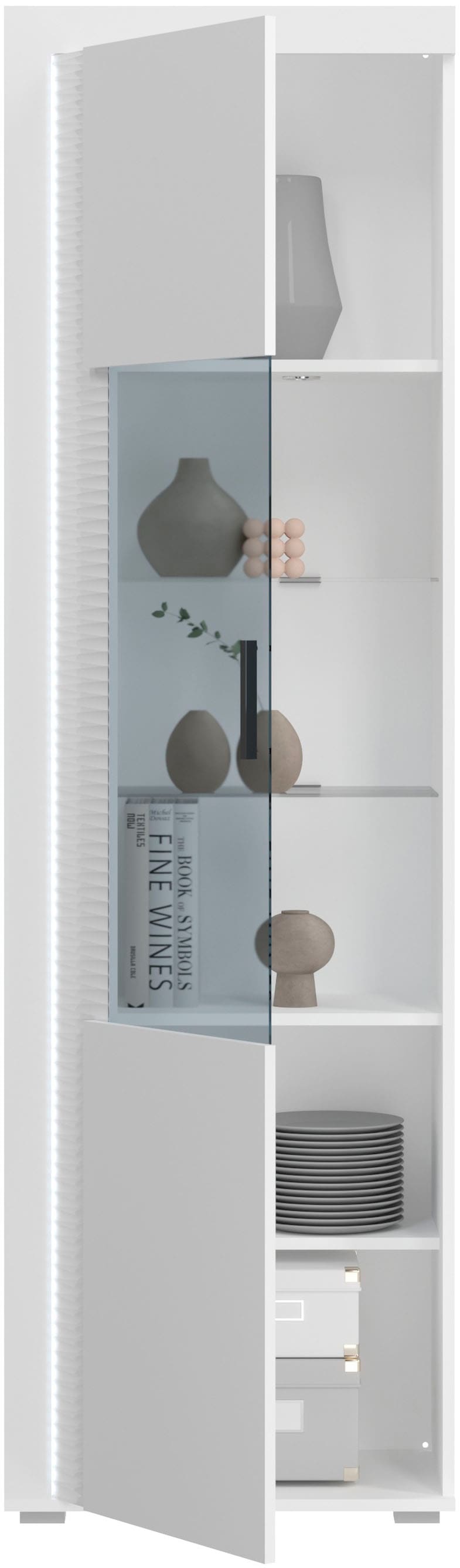 INOSIGN Vitrine »Viborg, Höhe 202cm, ink. vertikaler Frontbeleuchtung, li/re montierbar«, 1 Tür, 6 Fächer, 2 Glaseinlegeböden, 1 höhenverstellbarer Einlegeboden