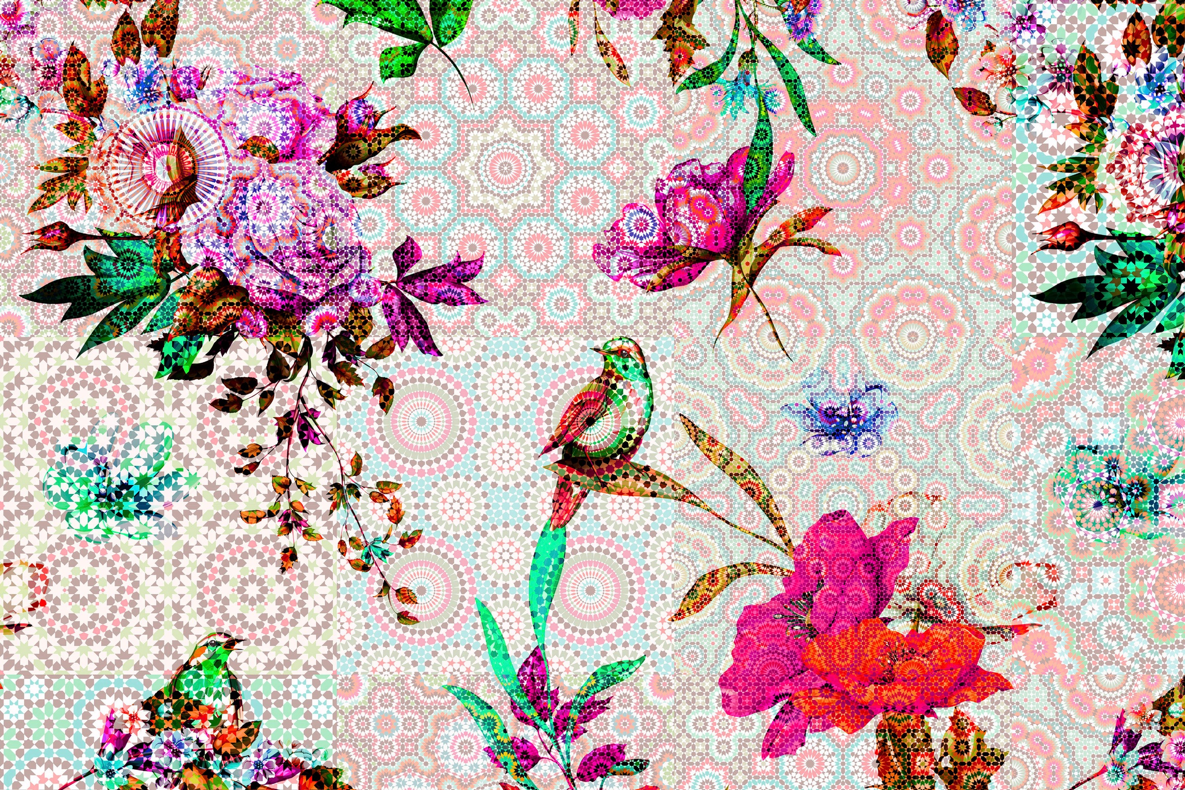 A.S. Création Leinwandbild »mosaic garden«, Kunst-Vögel-Kinder, (1 St.), Mosaik Keilrahmen Floral Blumen Vögel Leinwand-Bild Wohnzimmer modern