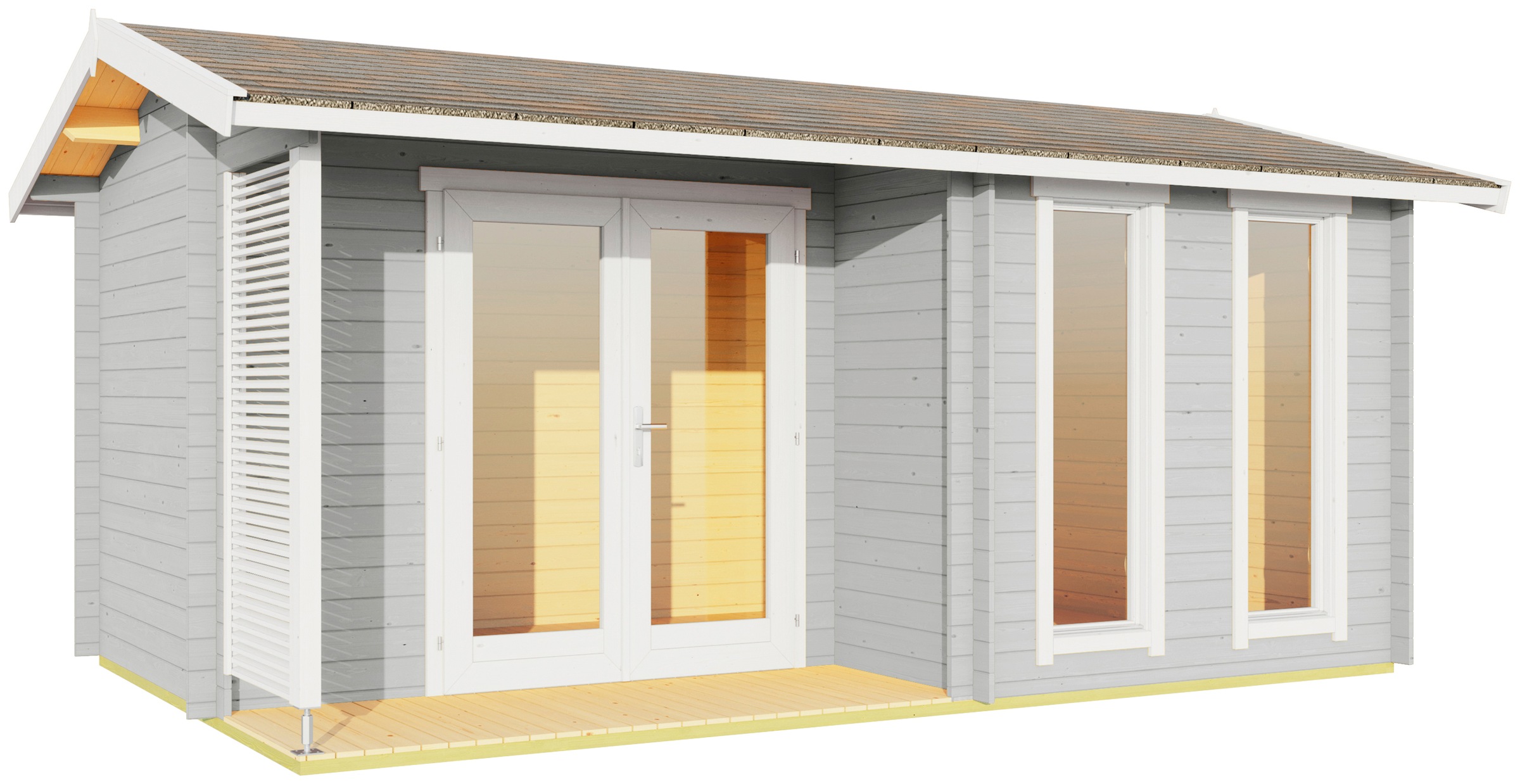 LASITA MAJA Gartenhaus »Riverside«, (Set), Blochbohlenhaus 28mm Terrasse, Fundamentmass 4800x3000, Lichtgrau