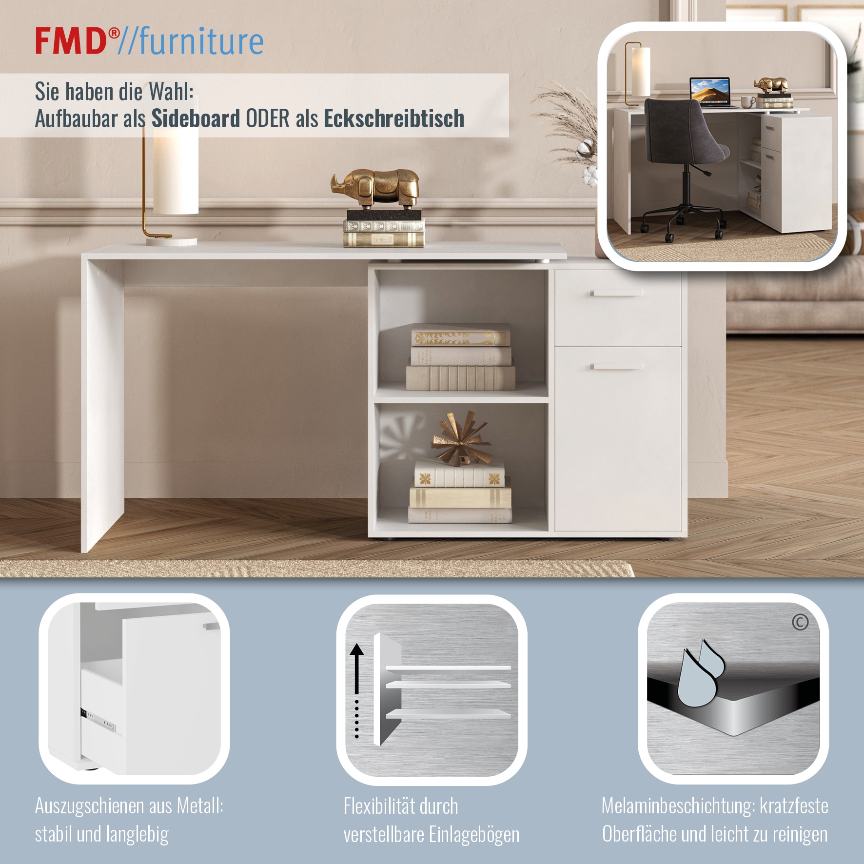 FMD Eckschreibtisch »AUGSBURG«, Schreibtisch/ Sideboard m. Stauraum, beidseitig montierb., 117/148 cm