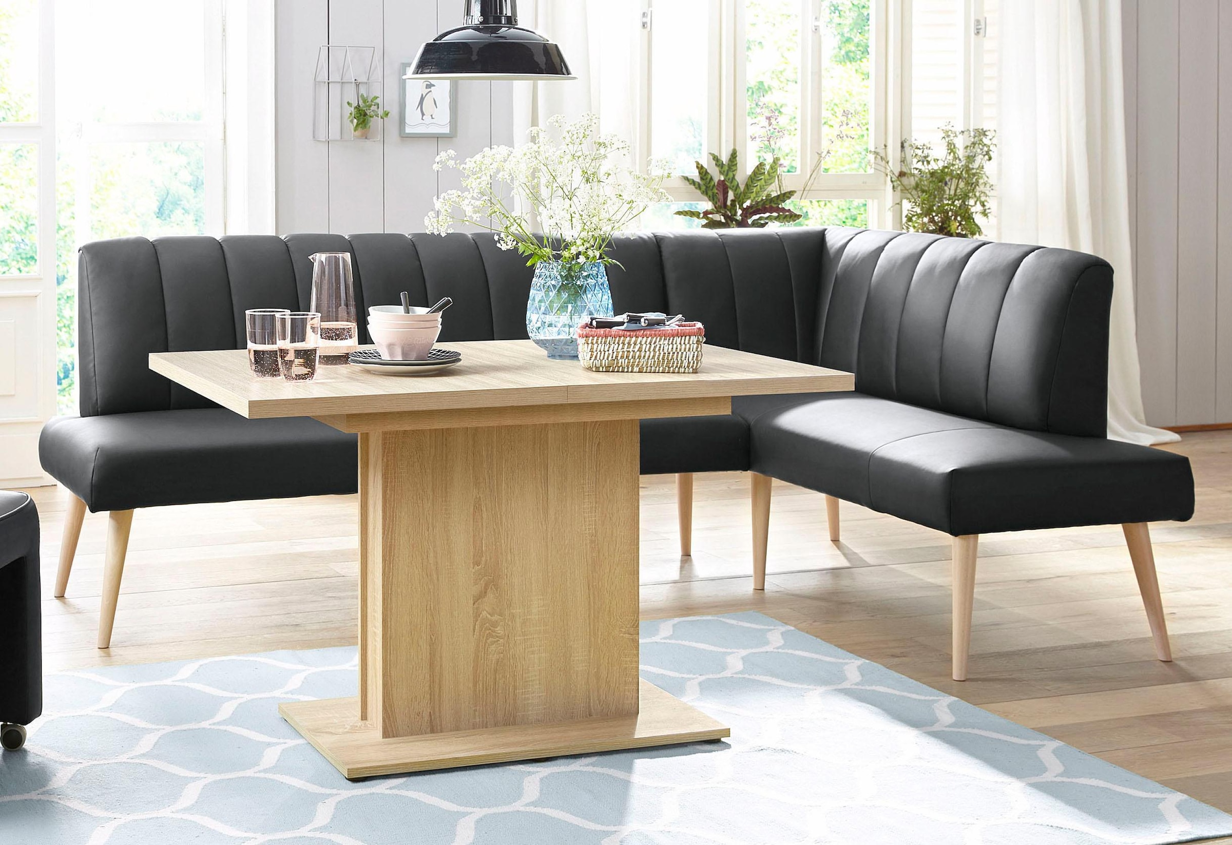 exxpo - sofa fashion Eckbank »Costa, moderne Rückensteppung, bequem und elegant, hoher Holzfuß«, hochwertig verarbeitet, Frei im Raum stellbar