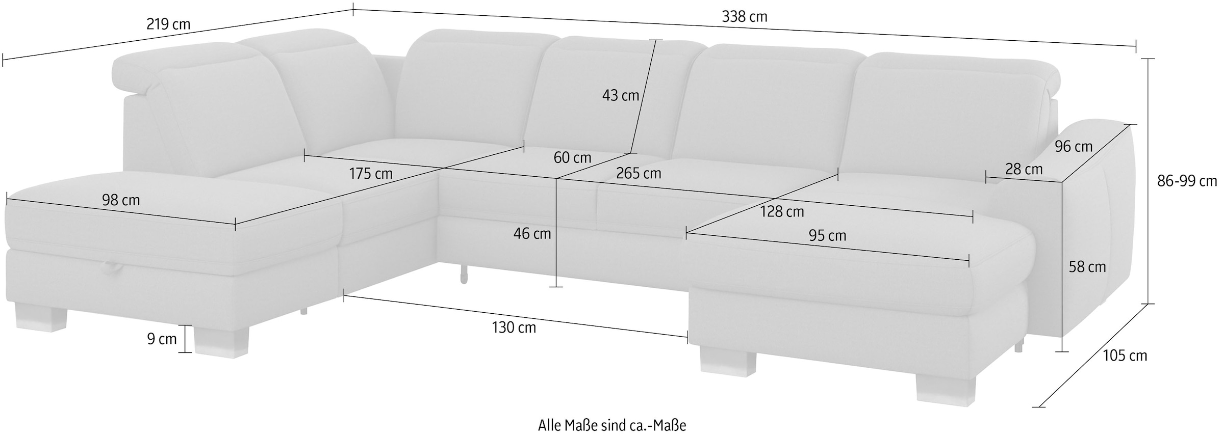 sit&more Wohnlandschaft »Dundee U-Form«, mit Federkern und Edelstahlfüßen, wahlweise mit Kopfteilverstellung