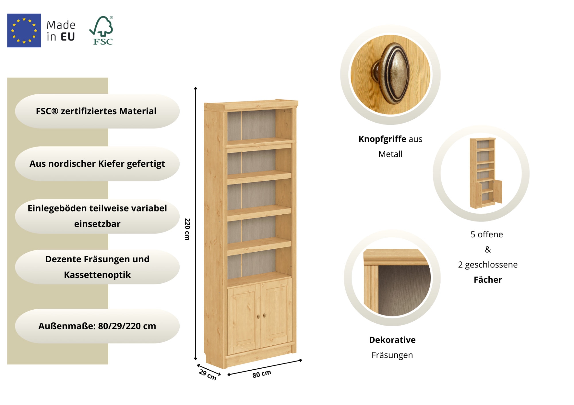 OTTO home Bücherregal »mit 2 Türen Soeren Regal Aktenregal B/T/H: 80/29/220 cm« massive Kiefer, FSC®-zertifiziert