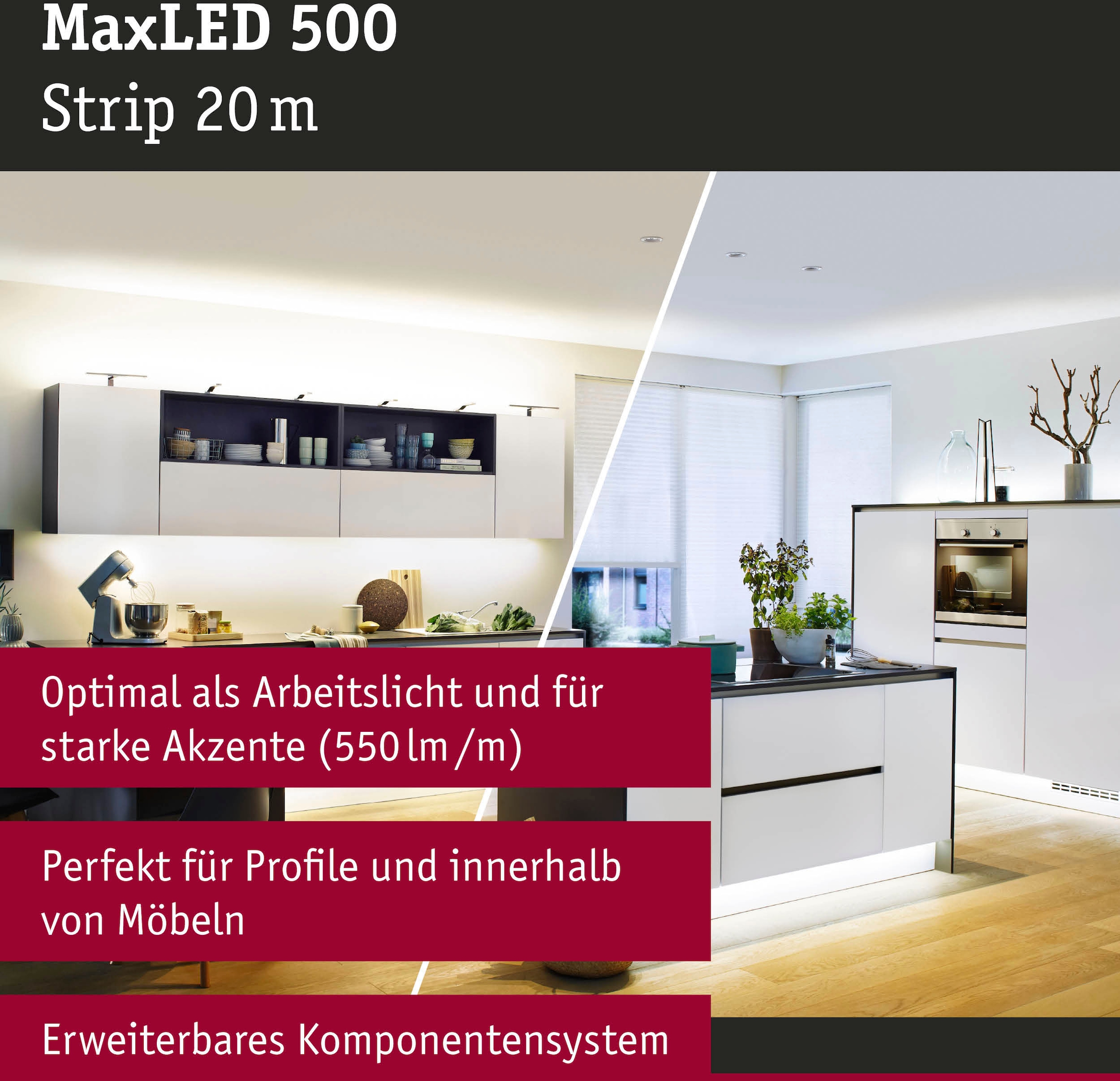 Paulmann LED-Streifen »MaxLED500 Einzelstripe, Adapterkabel 20m Tunable White 72W 550lm/m«, 1 St.-flammig, Tunable White 72W 550lm/m