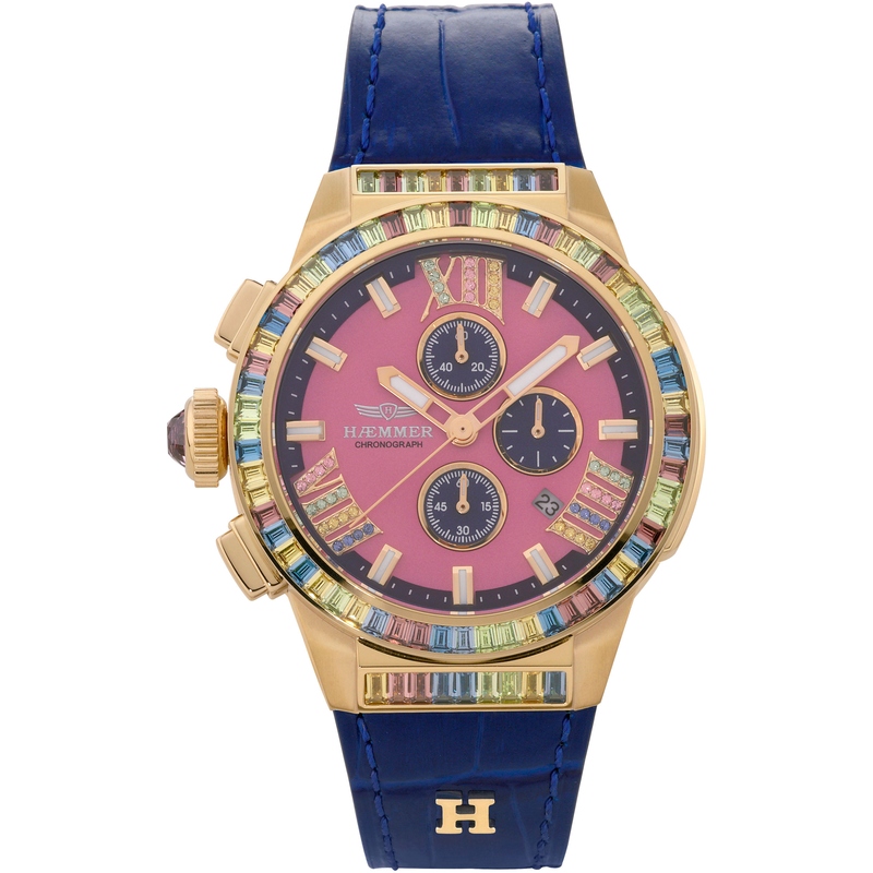 HAEMMER GERMANY Chronograph »GLORIOUS« Quarzuhr, Damenuhr, Datum, Stoppfunktion, Saphirglas, Lederarmband blau-rosa Exquisiter Damenchronograph