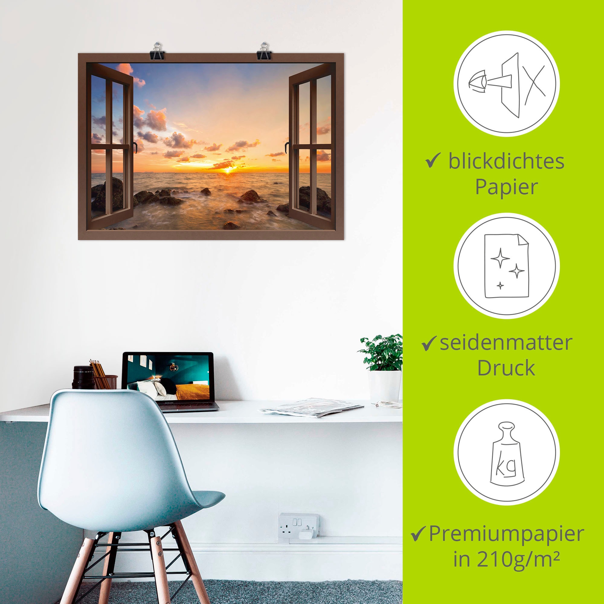 Artland Wandbild »Fensterblick Sonnenuntergang am Meer«, Fensterblick, (1 St.), als Alubild, Outdoorbild, Leinwandbild, Poster, Wandaufkleber