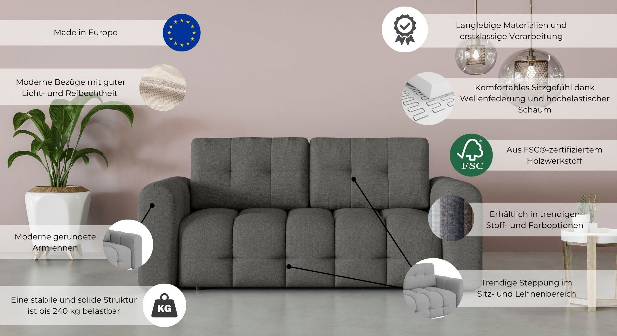INOSIGN 2-Sitzer »Manilla, trendige Steppung, 2 Rückenkissen, B/T/H 195/107/91 cm«, mit Wellenunterfederung, in verschiedenen Materialien und Farben