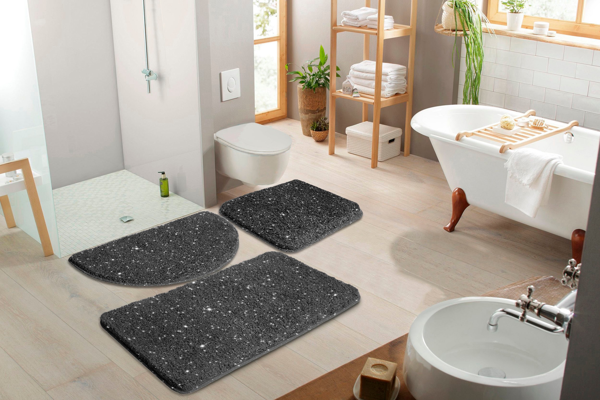 my home Badematte »Glitzer«, rutschhemmend beschichtet, fußbodenheizungsgeeignet-schnell trocknend-strapazierfähig, Badteppich, Akzente durch Glitzer-Garn