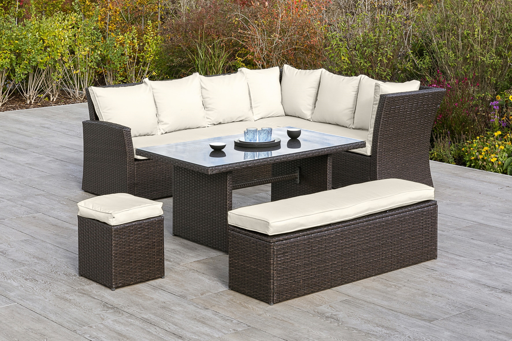 MERXX Gartenlounge-Set »Barcelona«, (5 tlg.), 2 Sofas, Sitzbank, Hocker, Tisch