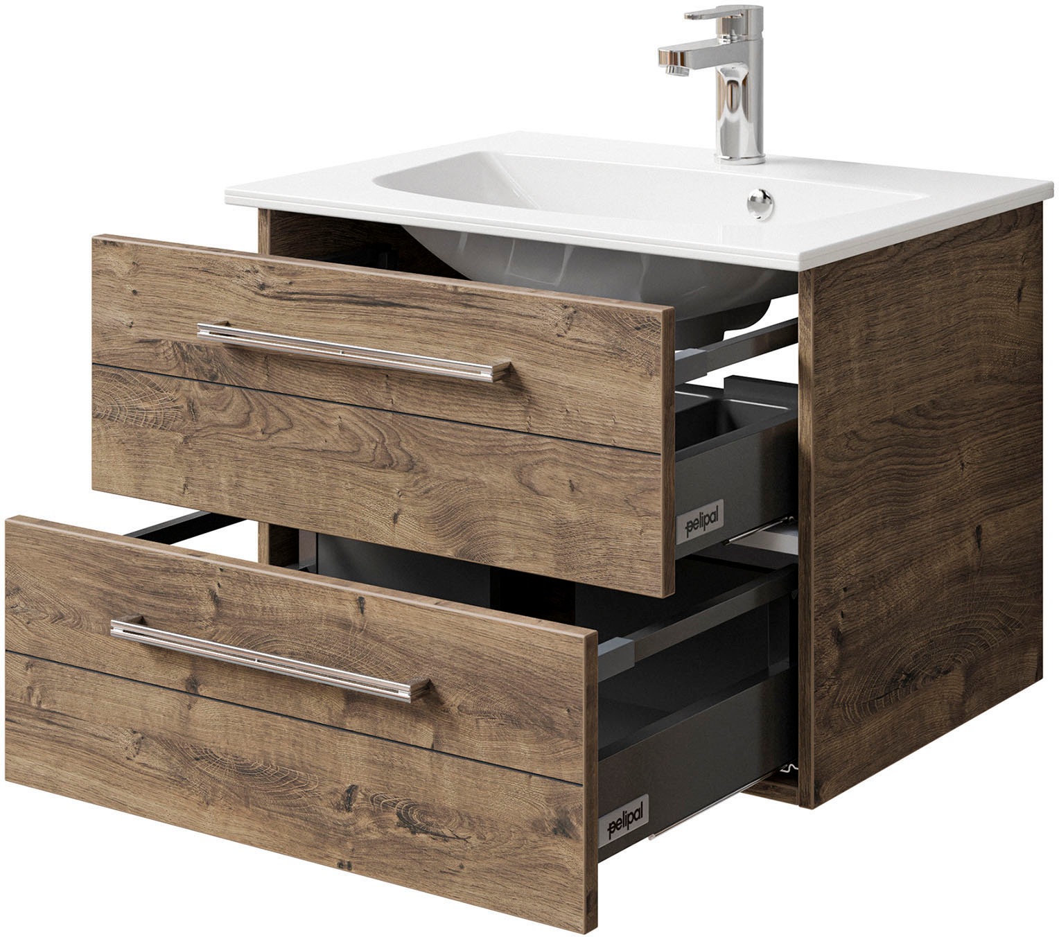 Saphir Badmöbel-Set »Serie 6025 2-teilig Mineralmarmor-Waschtisch mit LED-Spiegelschrank«, (2 St.), Waschplatz 67 cm breit, 2 Schubladen, 2 Spiegel-Türen, inkl Türdämpfer