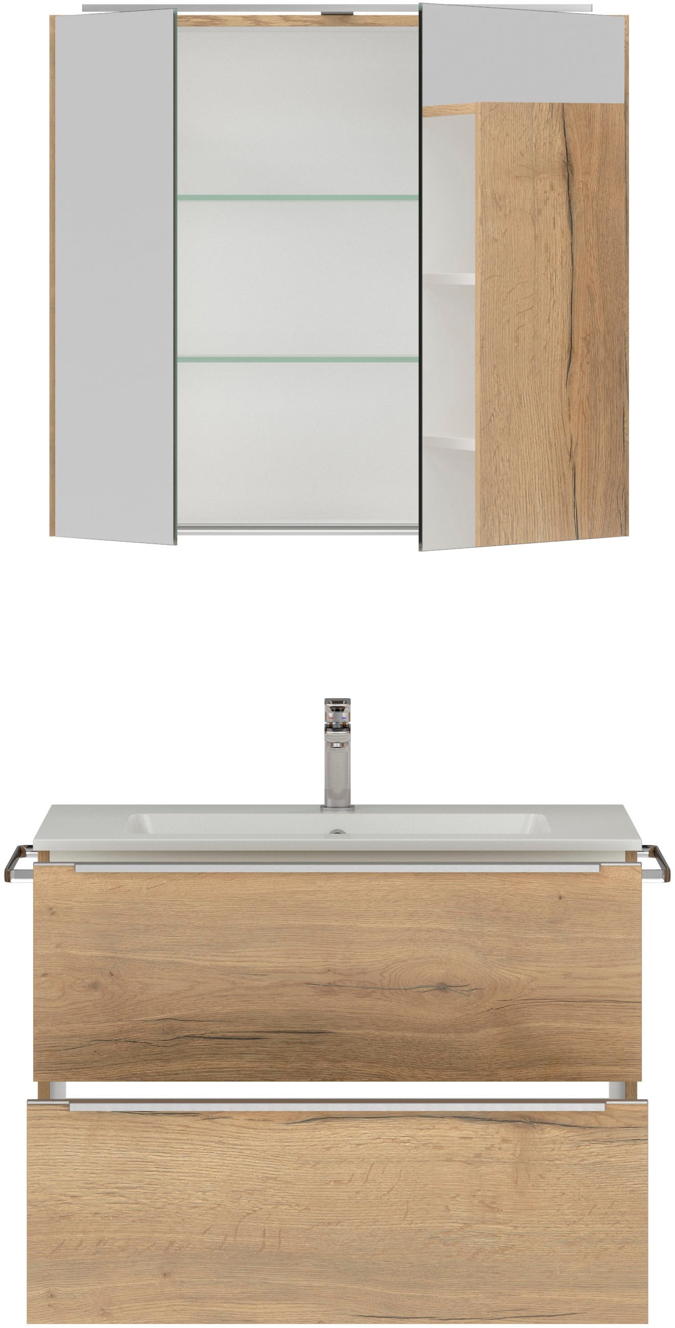 nobilia® Badmöbel-Set »Levere«, (2 St., vormontiert, mit Soft-Close), inkl. Spiegelschrank mit Beleuchtung und Dimmerfunktion, in 4 Breiten