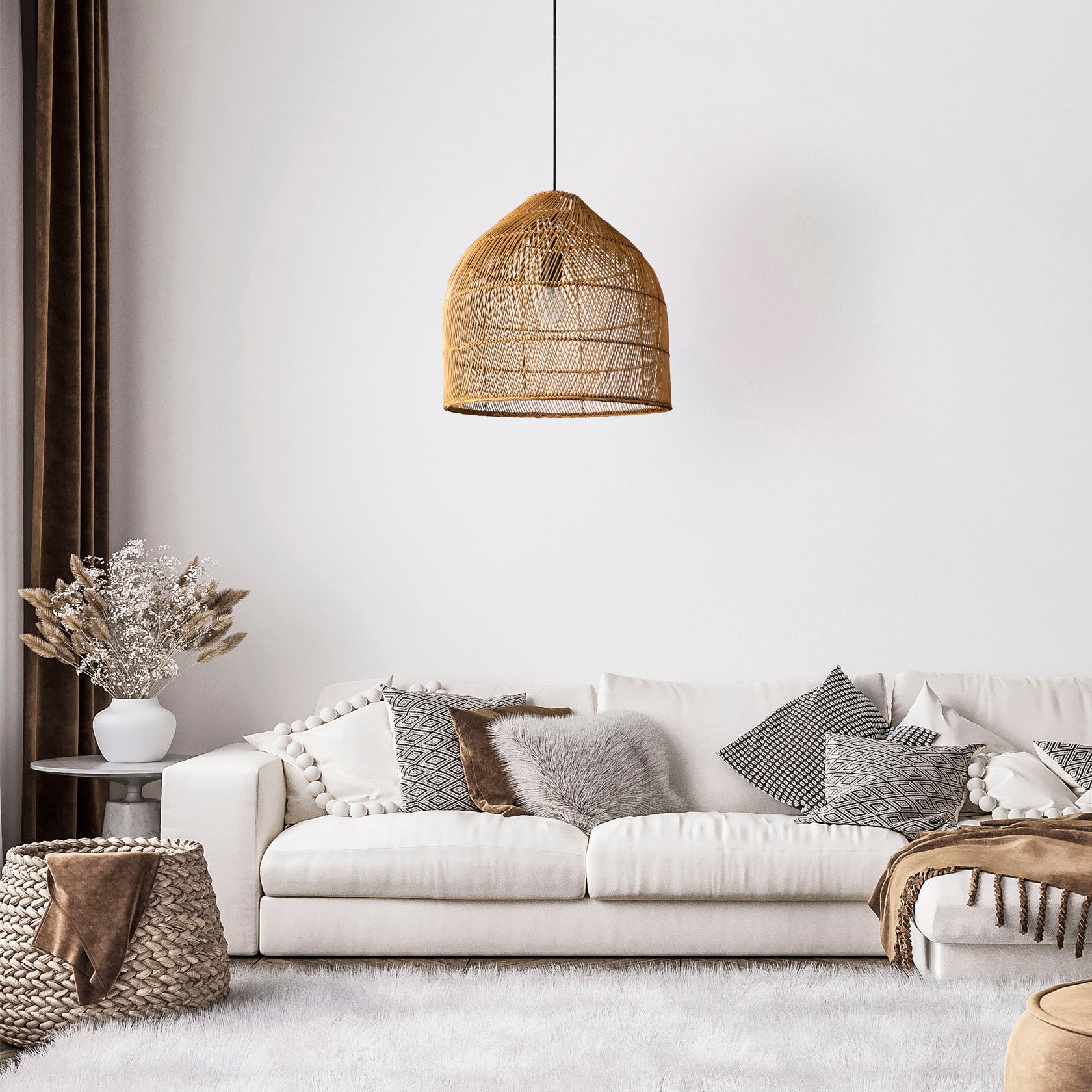 Paco Home Pendelleuchte »LINNU«, Leuchtmittel E27 | ohne Leuchtmittel, Korblampe Rattan Pendelleuchte Wohnzimmer Boho Deckenlampe Natur