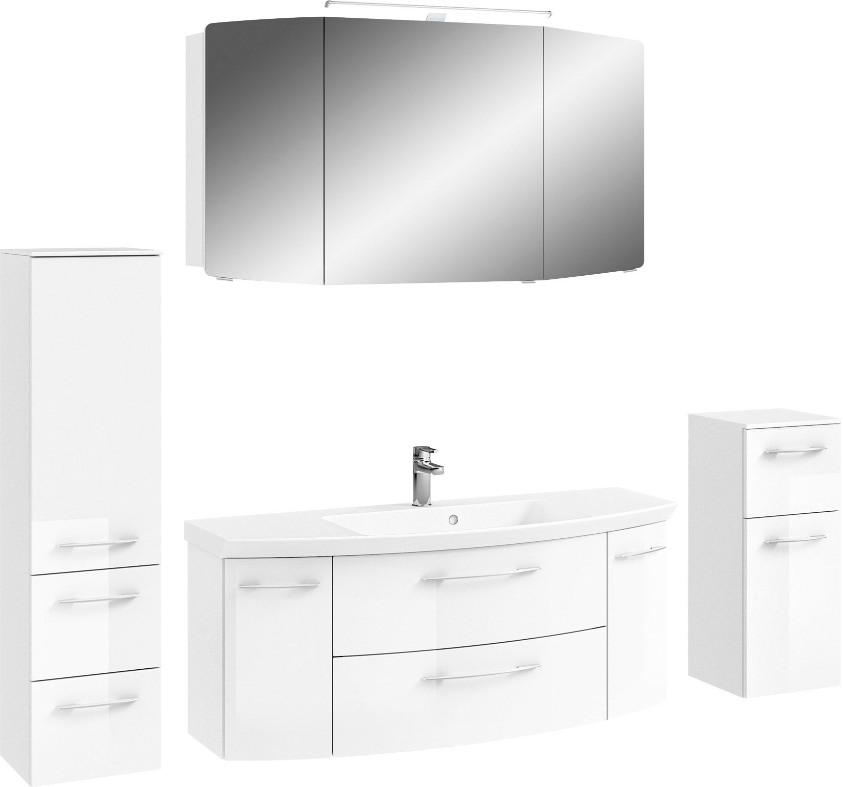 Saphir Badmöbel-Set »Cassca Sprint 4-teilig Mineralmarmor-Waschtisch mit LED-Spiegelschrank«, (5 St.), Midischrank, Unterschrank, inkl. Türdämpfer, 7 Türen, 5 Schubladen