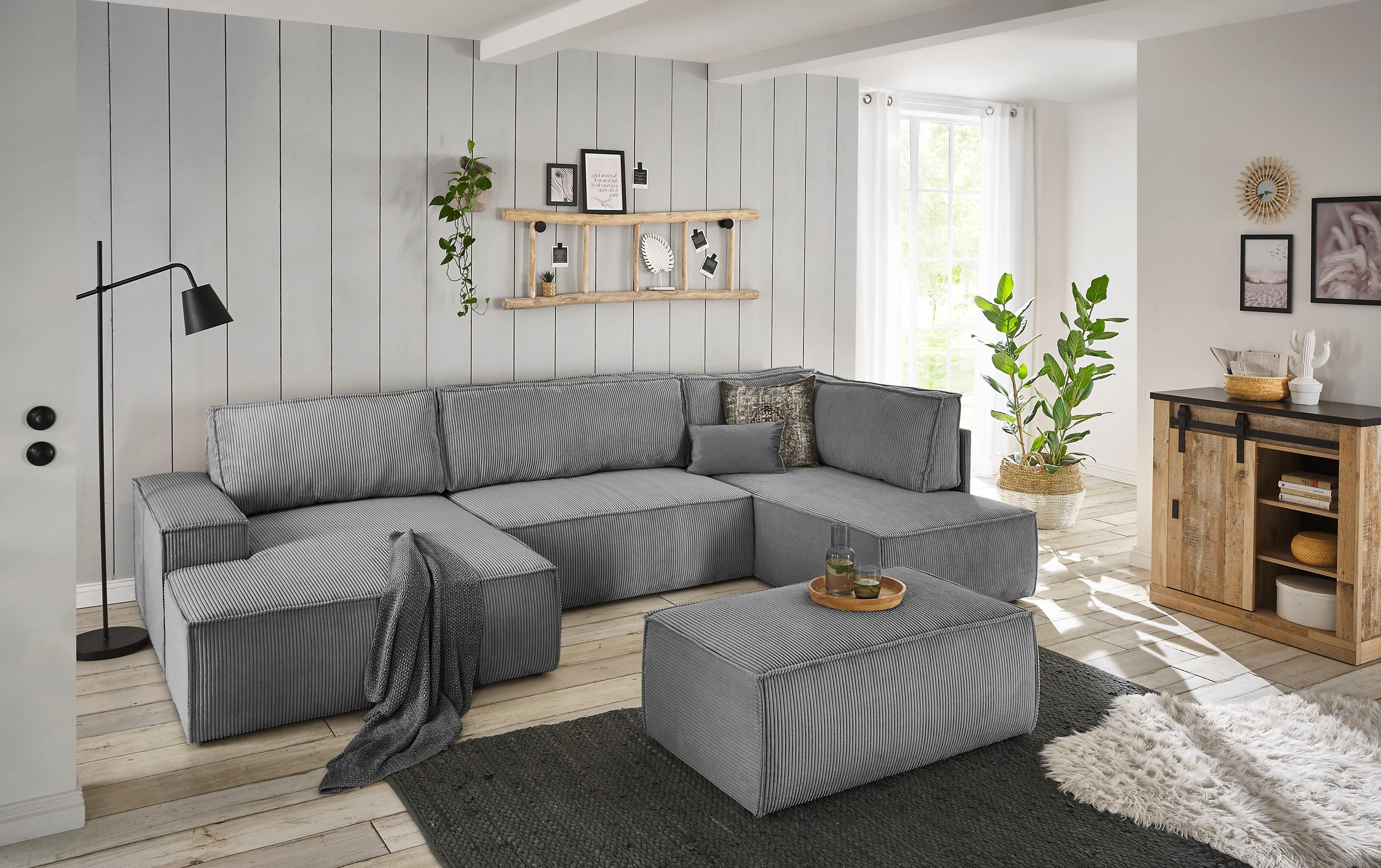 Home affaire Wohnlandschaft »SHERWOOD 329 cm, U-Form, Schlafsofa,«, Schlaffunktion m. Bettkasten (194x139 cm), Cord, Vintage, Samtvelours