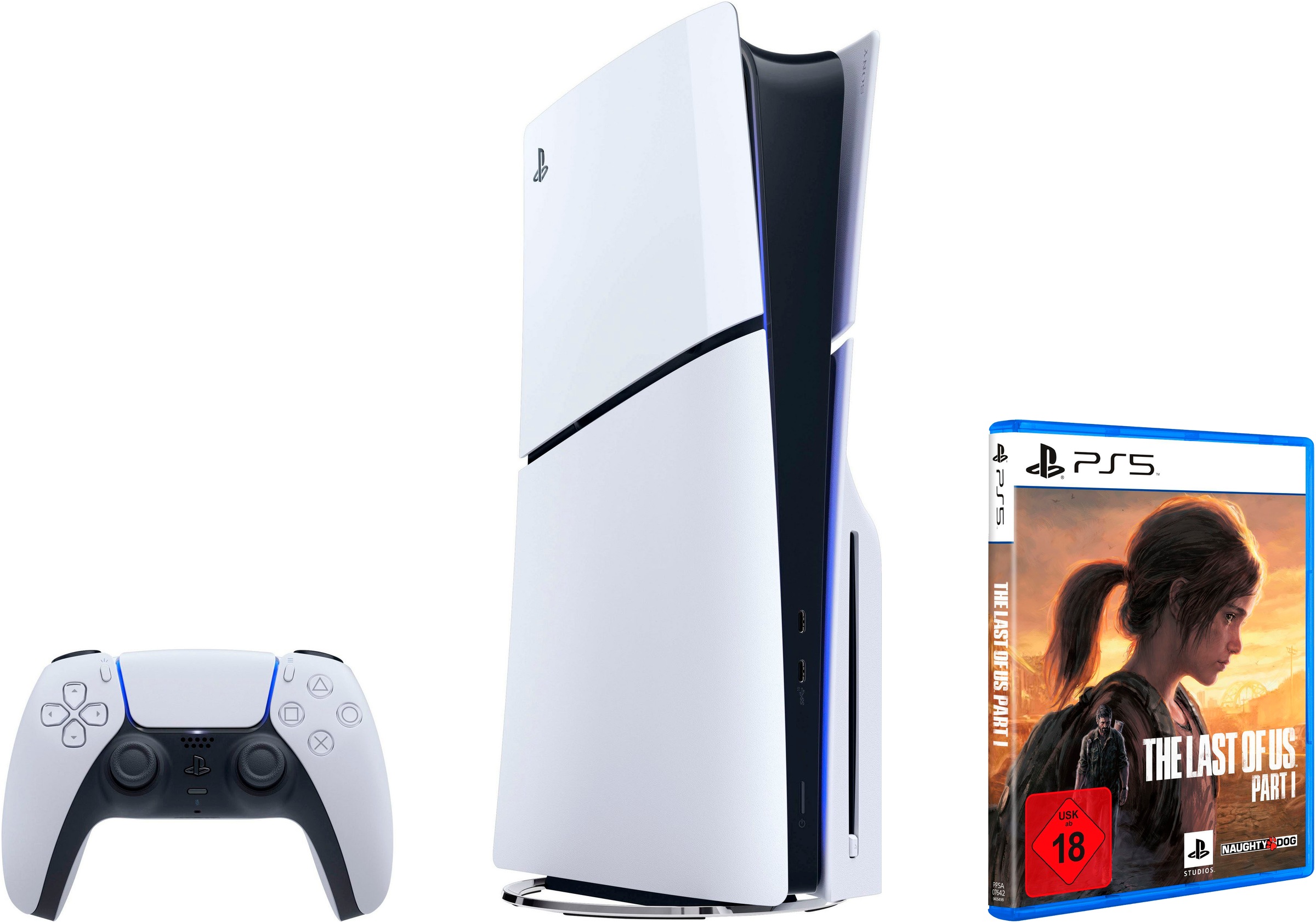 PLAYSTATION 5 Konsolen-Set »PS5 Disk Edition (Slim) + The Last of Us Part I« 1.000 GB weiß/schwarz Vertikaler Standfuß für PS5 Konsolen separat...