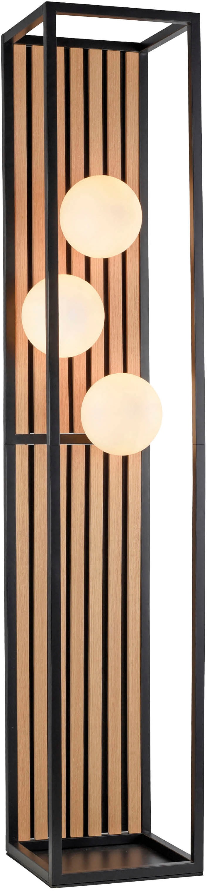 Leonique Stehlampe »Erinette Akustikpaneele mit Glaskugeln«, 3 flammig, Leuchtmittel E14 | ohne Leuchtmittel-Leuchtmittel wechselbar, Holz, Akustik, Paneele, Glas, opal matt weiß, Stehleuchte, Fußschalter