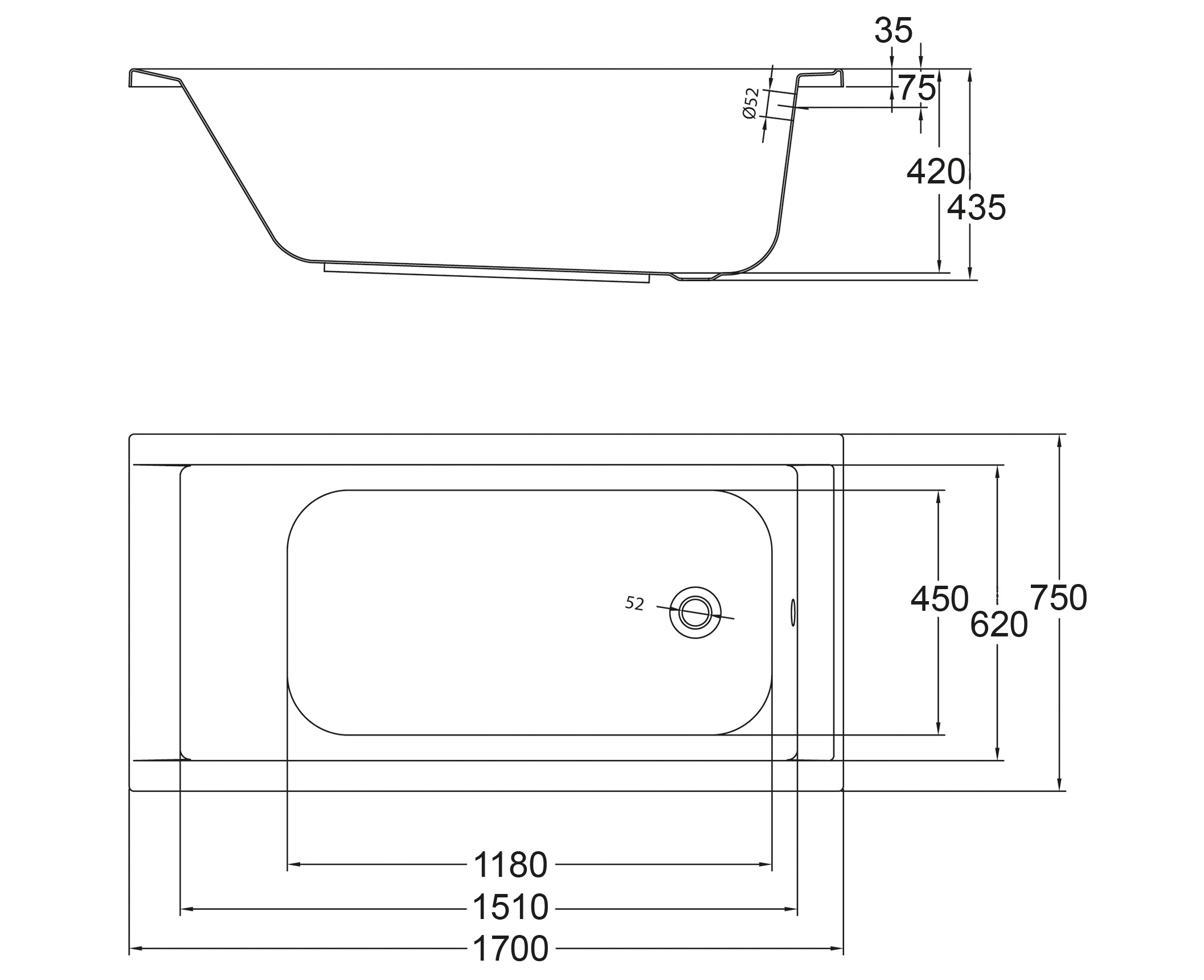 OTTOFOND Badewanne »Set Körpferformbadewanne«, (3 tlg.), 1700/750 mm, Körperformbadewanne