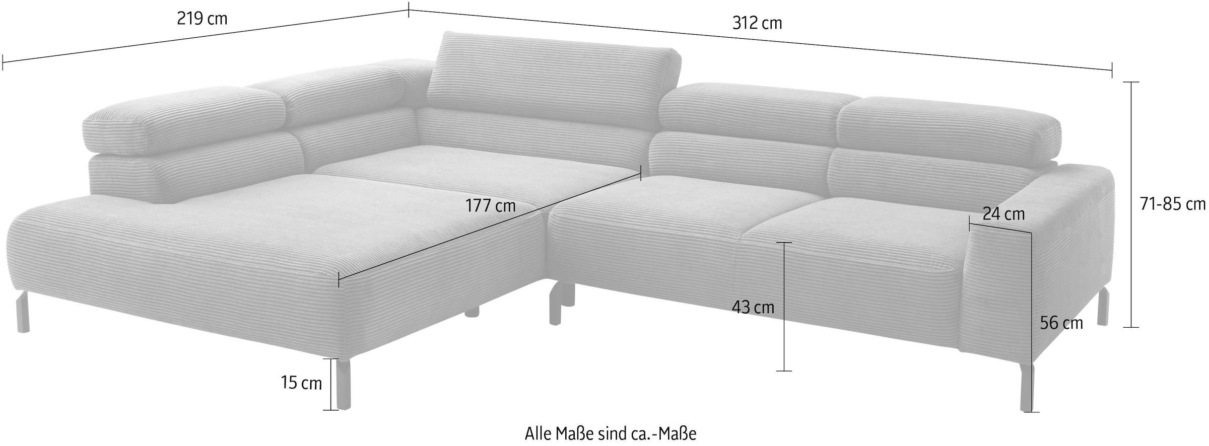 Home affaire Ecksofa »Antonelli, L-Form,  incl. Kopfteilverstellung, Breite 312 cm« ohne Sitztiefenverstellung, in Cord, bleu