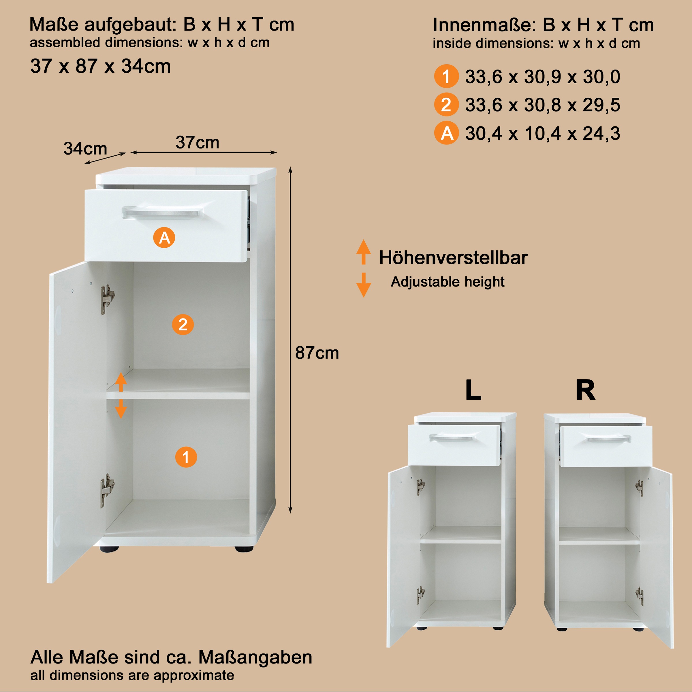 welltime Unterschrank »Mora«, Standschrank mit 1 Tür & 1 Schublade - (B/T/H) 37/34/87 cm
