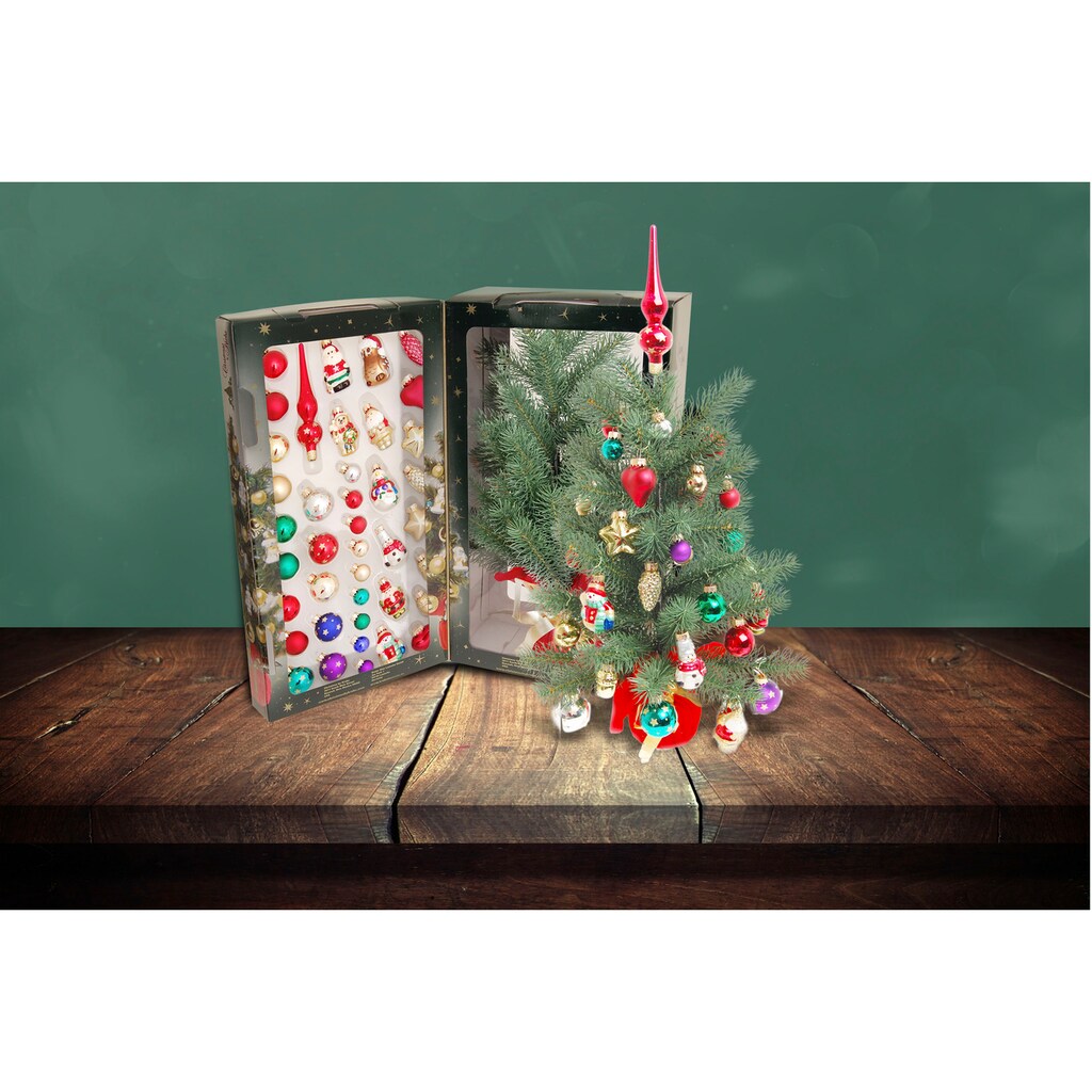 Krebs Glas Lauscha Künstlicher Weihnachtsbaum »Mini Weihnachtsbaum 45 cm - mit Kugeln, Figuren und Spitze«, Edeltanne