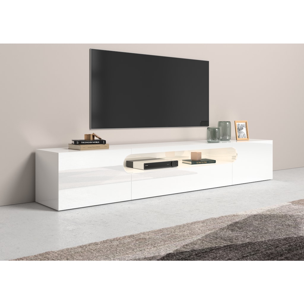 INOSIGN Lowboard »Real, Breite 240 cm,TV-Kommode, TV-Möbel, komplett Hochglanz lackiert«, mit 2 abgerundeten Türen,1 Klappe, die ein ovales offenes Fach bilden