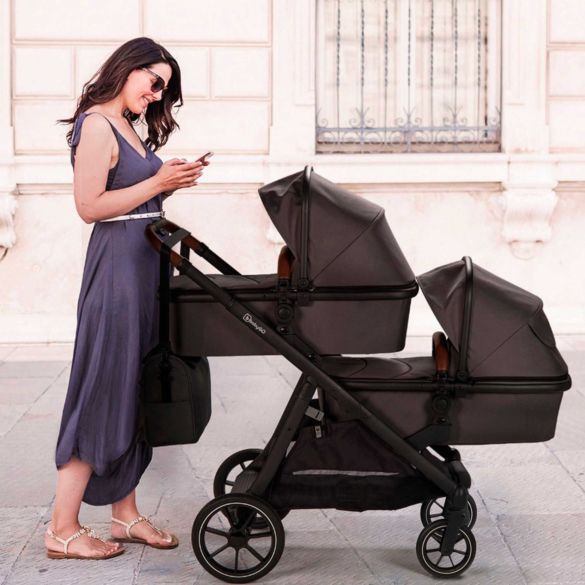 BabyGo Zwillings-Kombikinderwagen »Duo, grau« inkl. Wickeltasche u. 2 Regenhauben