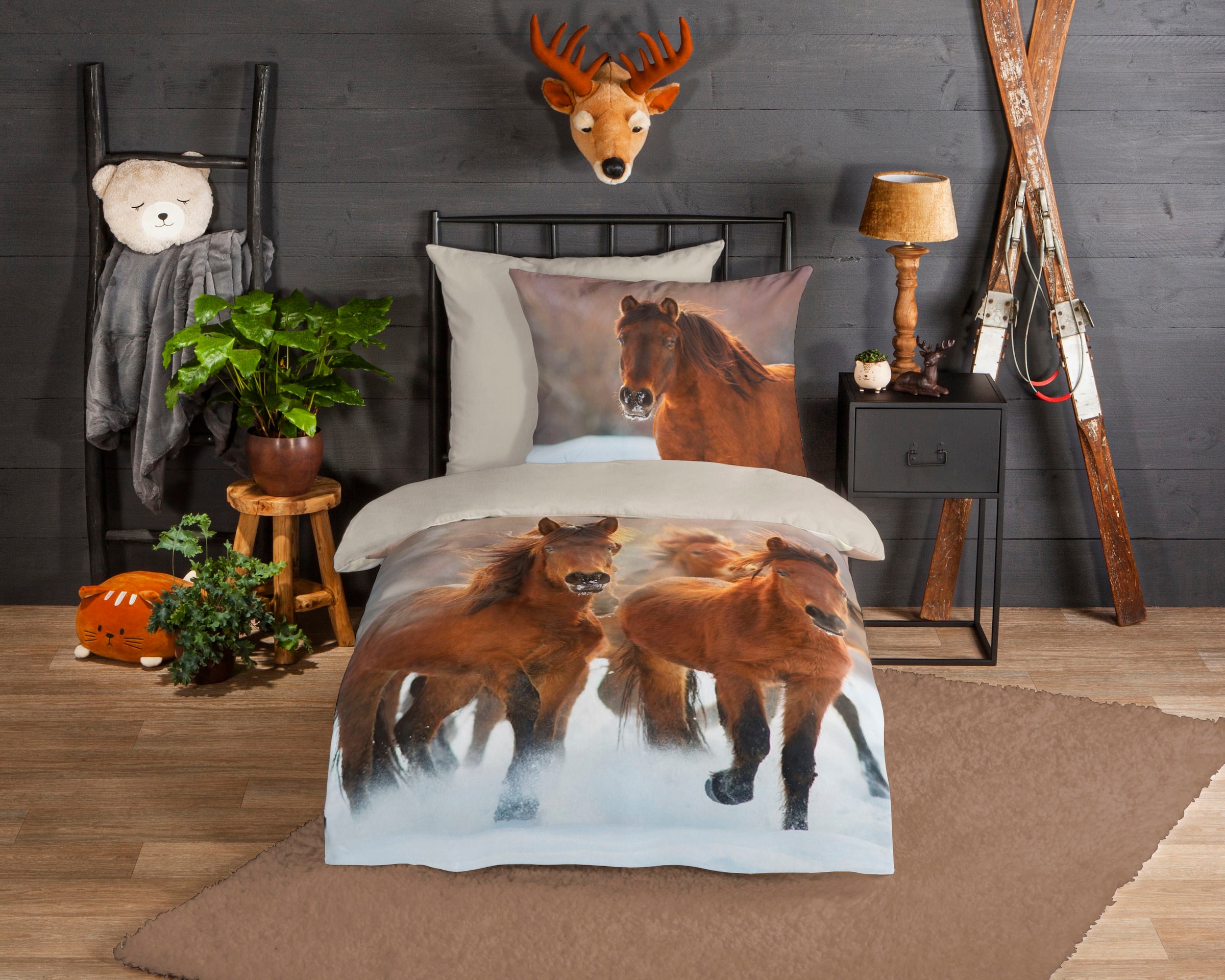good morning Kinderbettwäsche »Ponies«, Biber, 135x200, Winter, Warm, Reißverschluss, Wendeoptik, Kind, Pferde