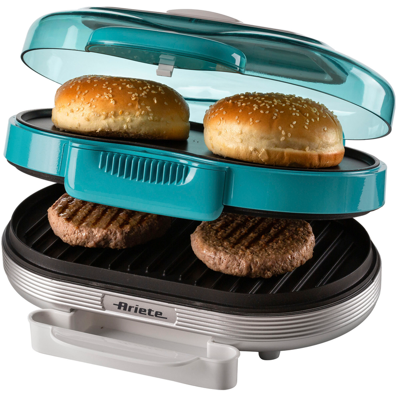ARIETE Hamburger Maker »205B Party Time Hambuger Maker, blau« 1200 W 2 Grillplatten: unten für Burger und oben für Hamburger Brötchen blau...