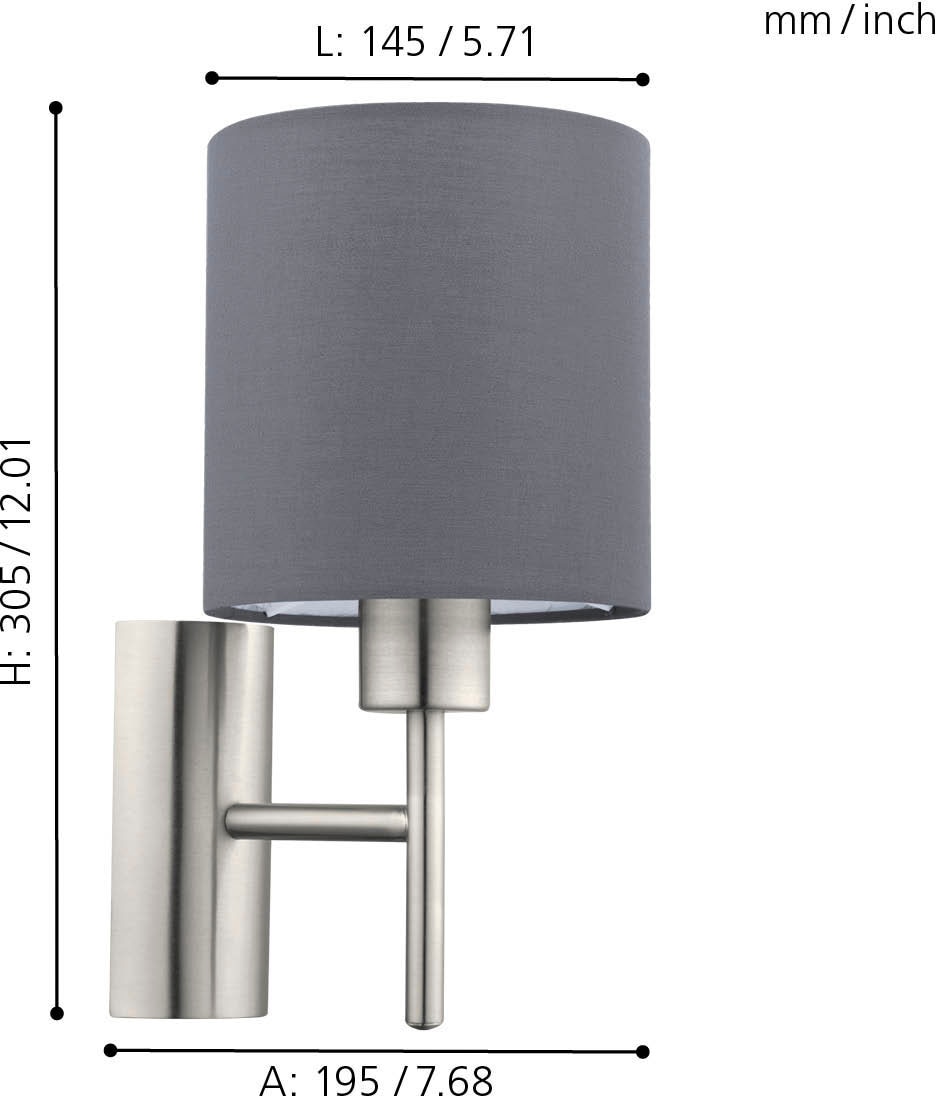 EGLO Wandleuchte »PASTERI Wandlampe, Stahl und Textil, E27, Schlafzimmerlampe, Lampe«, 1 flammig, Leuchtmittel E27 | ohne Leuchtmittel, Wandleuchte, L14,5 x H30,5, nickel-matt, 1X60W exkl.