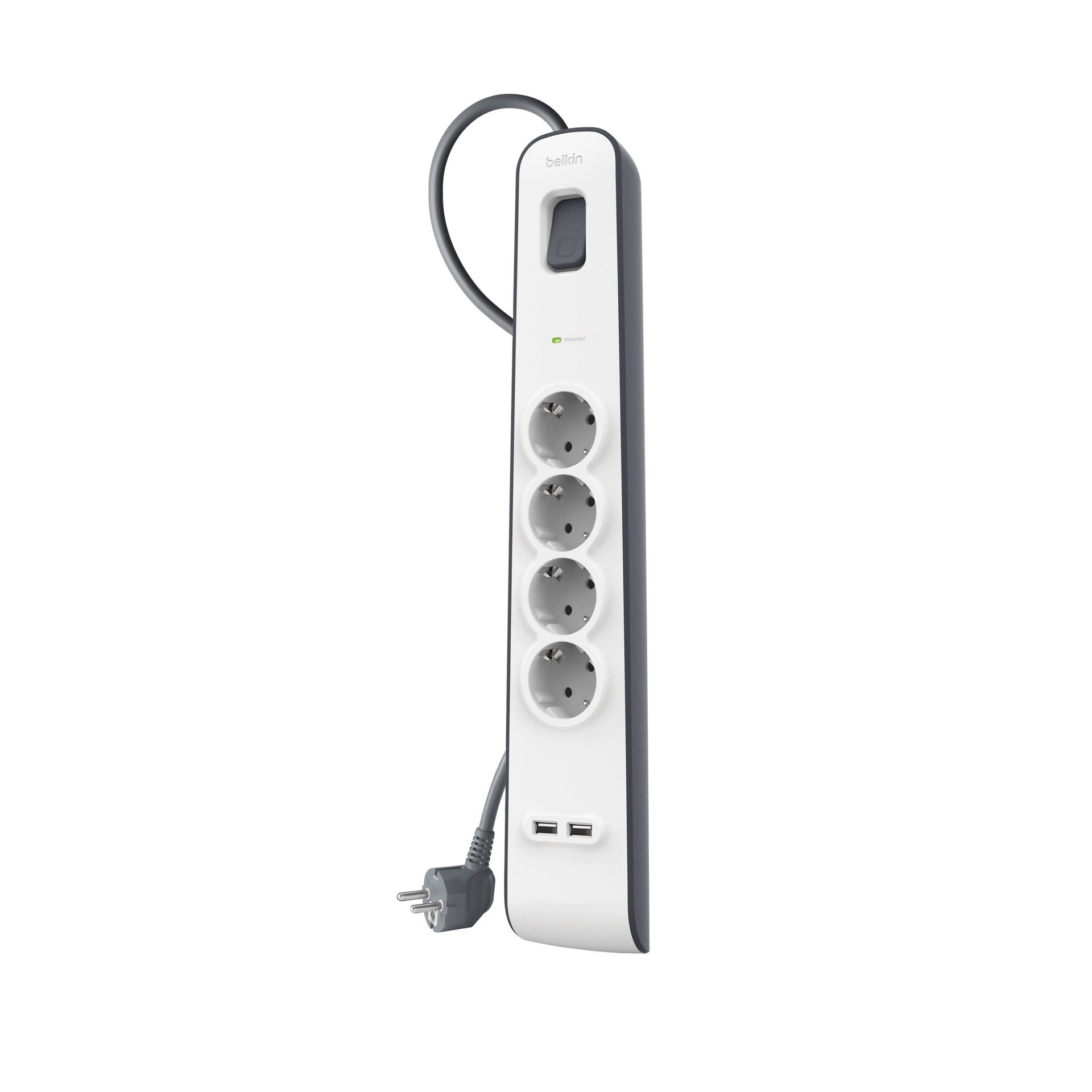 Belkin Steckdosenleiste »4fach-Steckdosenleiste mit Überspannungsschutz, 2-m-Kabel und USB-A«, 4-fach, (Ein- / Ausschalter Überspannungsschutz Kabellänge 2 m), 2 USB-Anschlüsse mit maximal 2,4 A