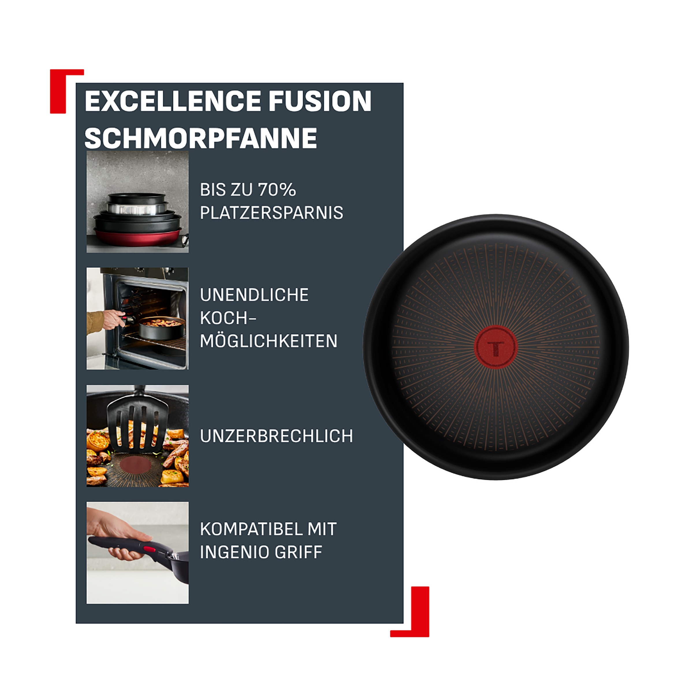 Tefal Schmorpfanne »Ingenio Excellence Fusion« Aluminium 1 tlg. abnehmbarer Ingenio-Griff, Thermo-Signal, stapelbar, Induktion