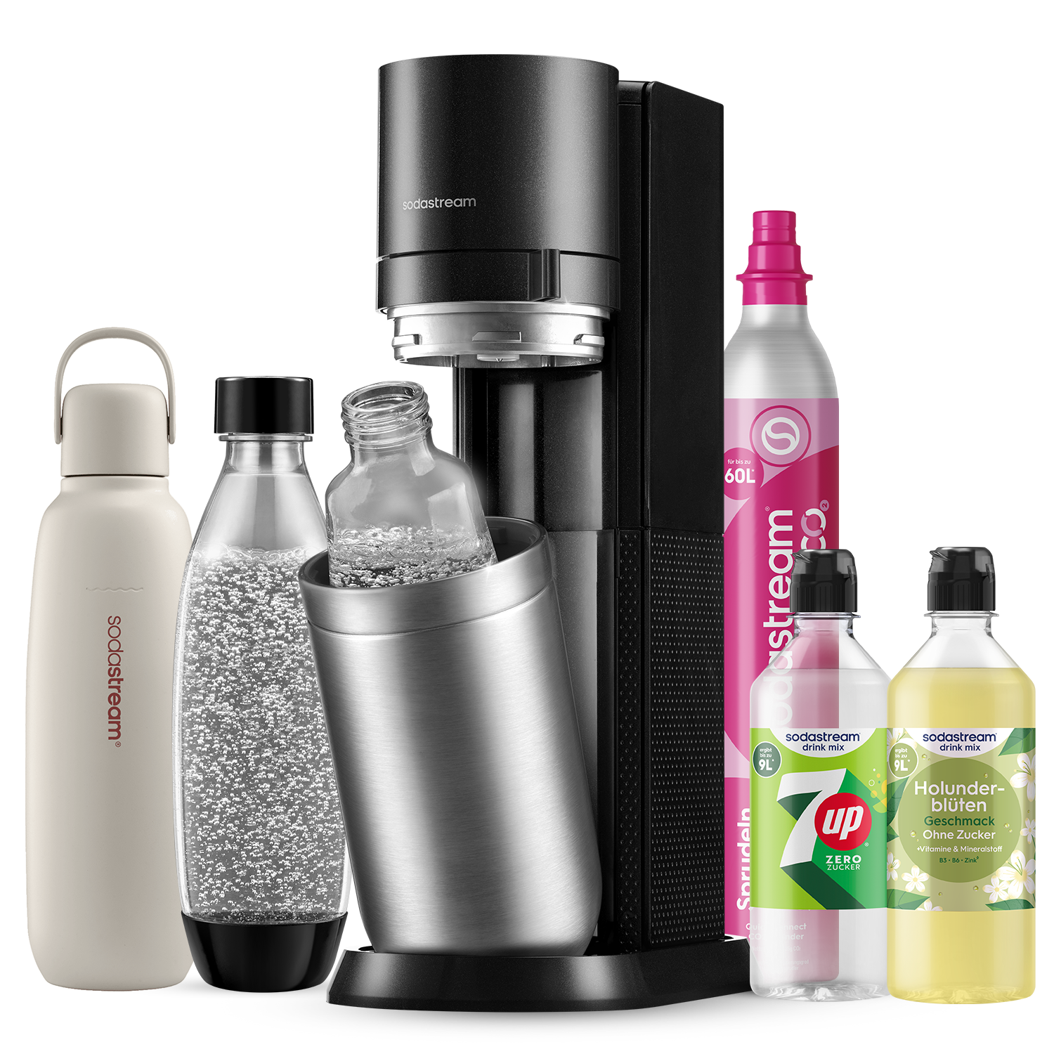 SodaStream Wassersprudler »SodaStream DUO, titan, mit 3 Flaschen, 1 CO2-Zylinder und 2 Sirups« 1x Glasfl. 1L, 1x Kunststofffl. 1L, 1x Fizz&go COOL storm 0,9L