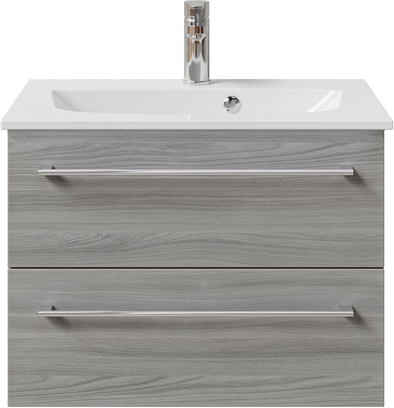 Saphir Badmöbel-Set »Serie 6025 2-teilig Mineralmarmor-Waschtisch mit LED-Spiegelschrank«, (2 St.), Waschplatz 67 cm breit, 2 Schubladen, 2 Spiegel-Türen, inkl Türdämpfer