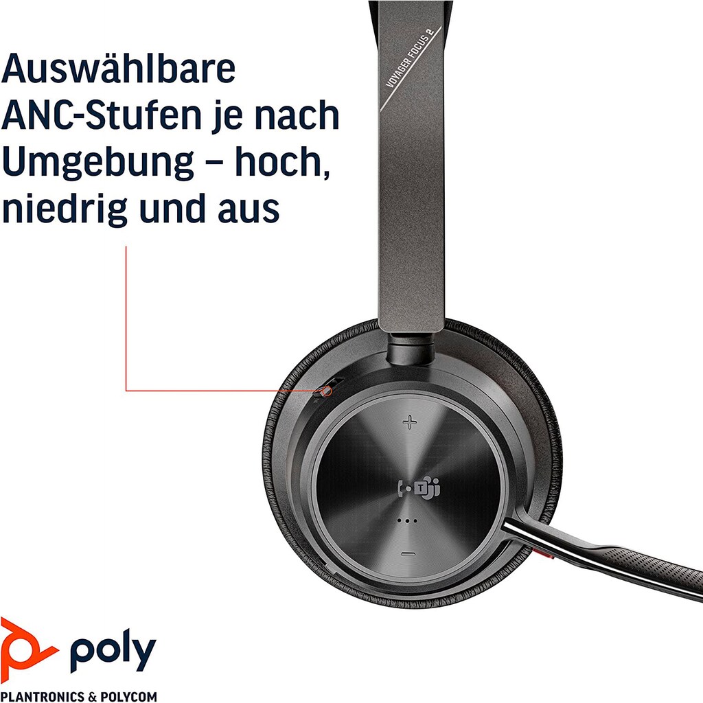 Poly Wireless-Headset »Voyager Focus 2 UC«, A2DP Bluetooth (Advanced Audio Distribution Profile)-AVRCP Bluetooth (Audio Video Remote Control Profile)-HFP-HSP, Active Noise Cancelling (ANC)-integrierte Steuerung für Anrufe und Musik