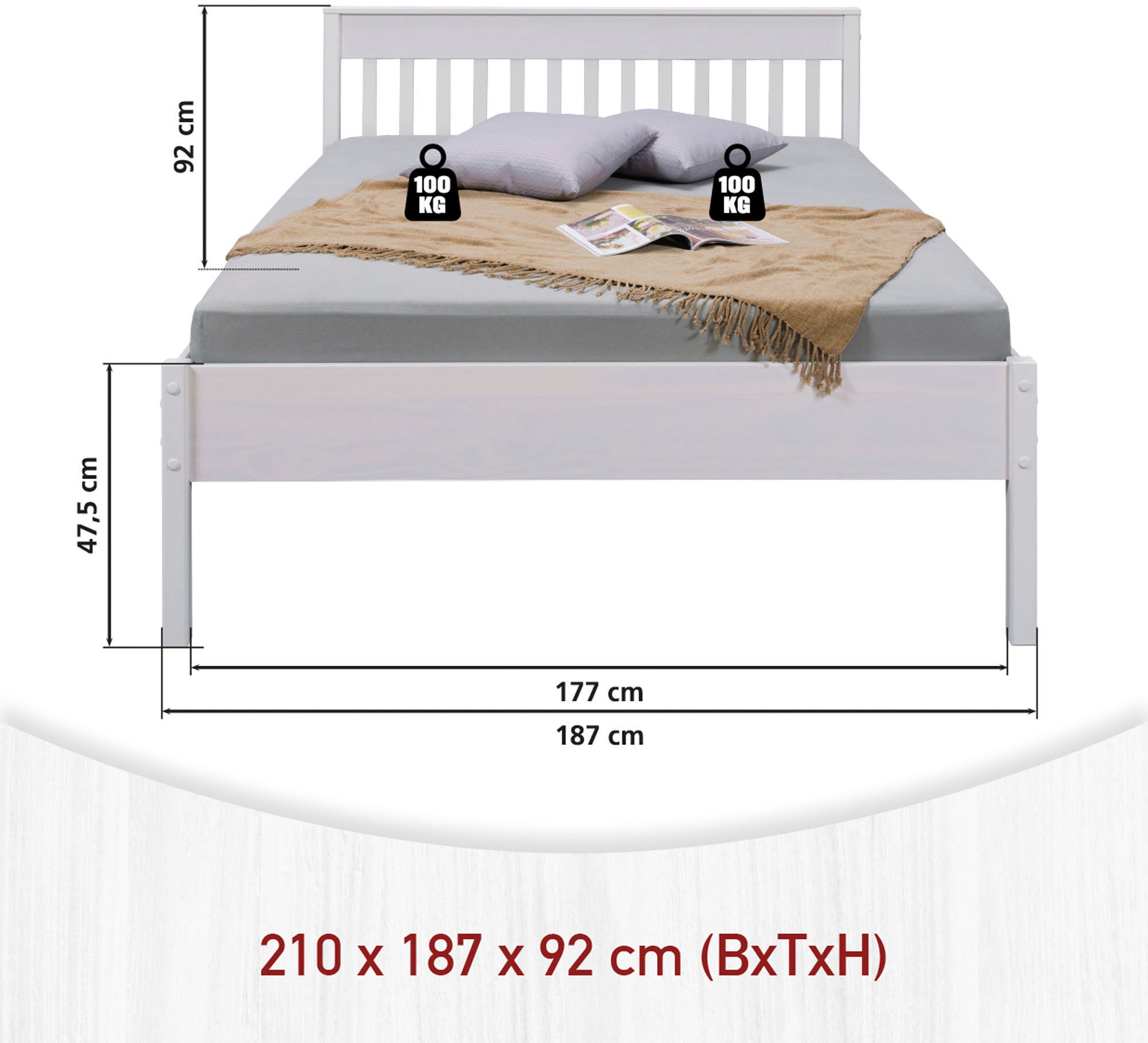 Inter Link Massivholzbett »Pinora, 180x200 cm, Kiefer Massivholz, Weiss lackiert« Modernes Bettkopfteil mit vertikalen Streben im Skandi Design