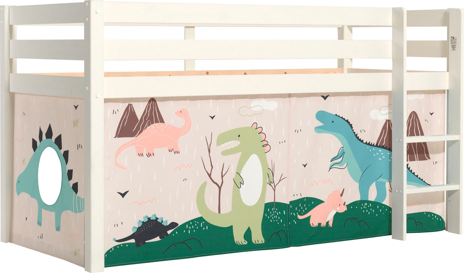 Vipack Spielbett »Pino, Kiefer massiv, mit Rolllattenrost u. Textil-Set, Made in Europe«, (B/H/T ca. 210x114x106cm, mit Leiter und Absturzschutz), verschiedene Textil Dessins, 3 Gestellfarben zur Wahl