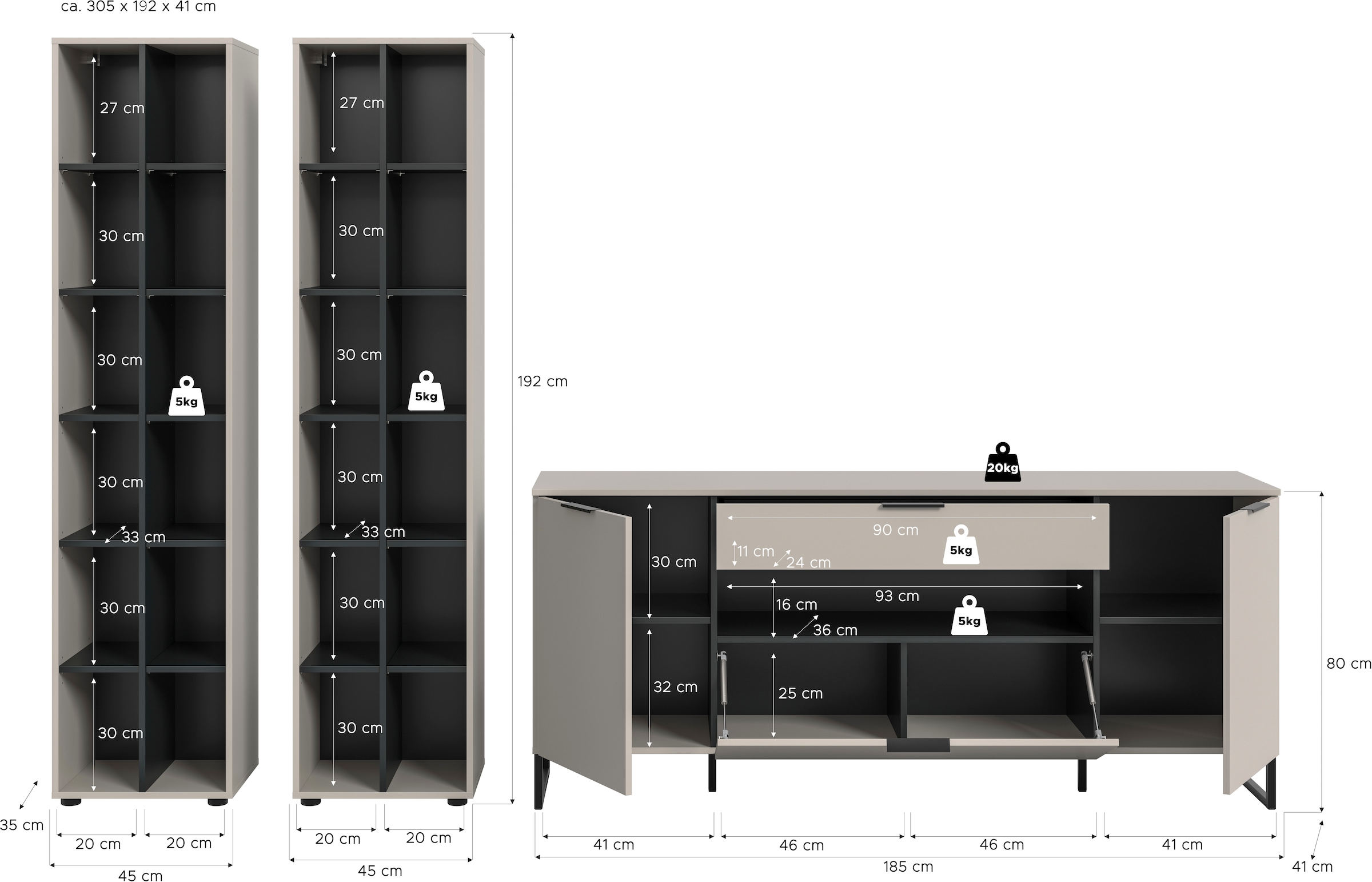 INOSIGN Wohnwand »Adio, Wohnkombination, 305 cm Breit«, (Set, 3 St.), Adio, Wohnkombination 3tlg. Kashmir NB, 2 Stauraumregale, Sideboard
