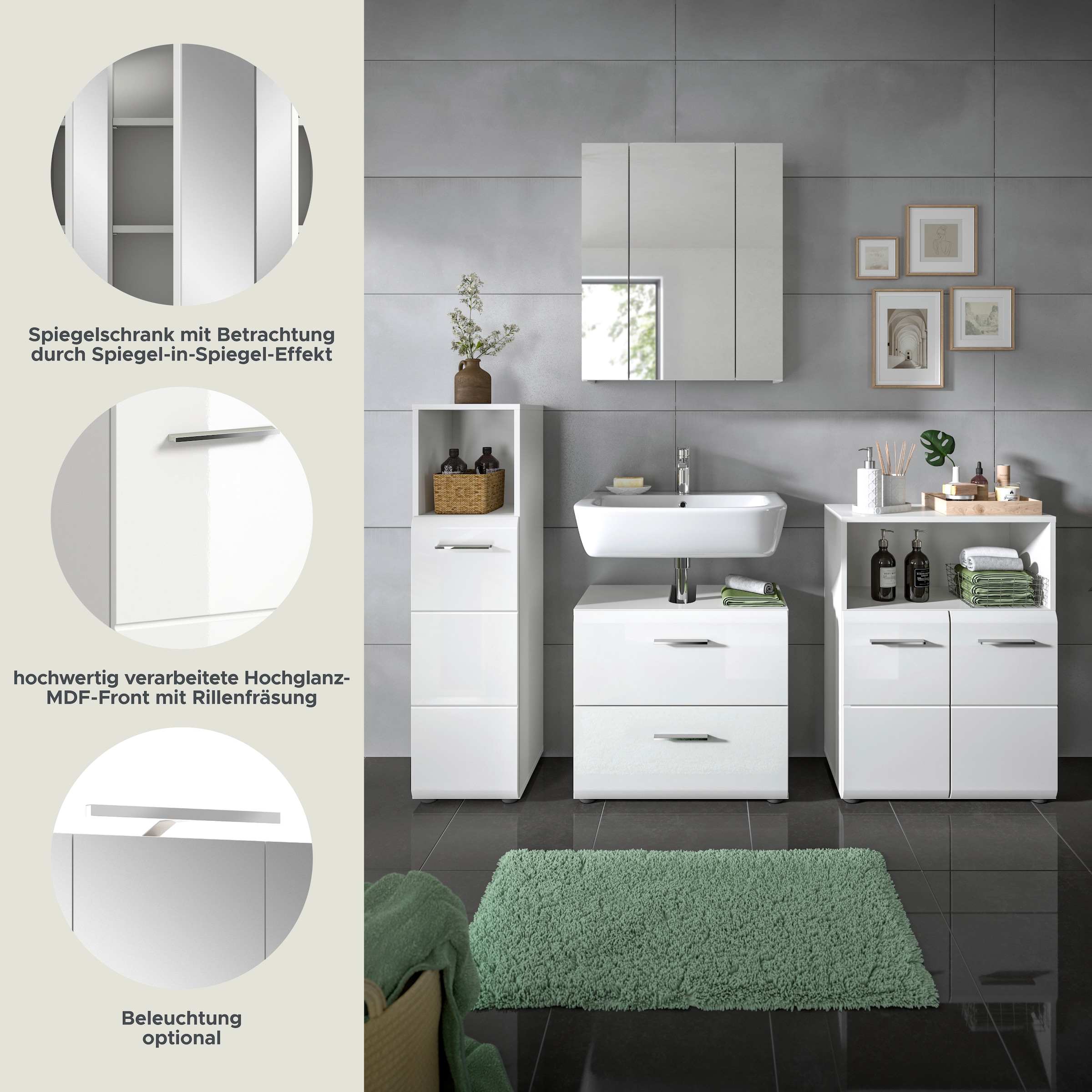 INOSIGN Badmöbel-Set »FLORENZ, TOPSELLER!, 4-teilige Badkombination, hochwertige MDF-Front«, (Midischrank hoch, WBU, Spiegelschrank, Midischrank breit), Bad-Kombination, Bad-Möbel, Badezimmer, Kombination, Kombi