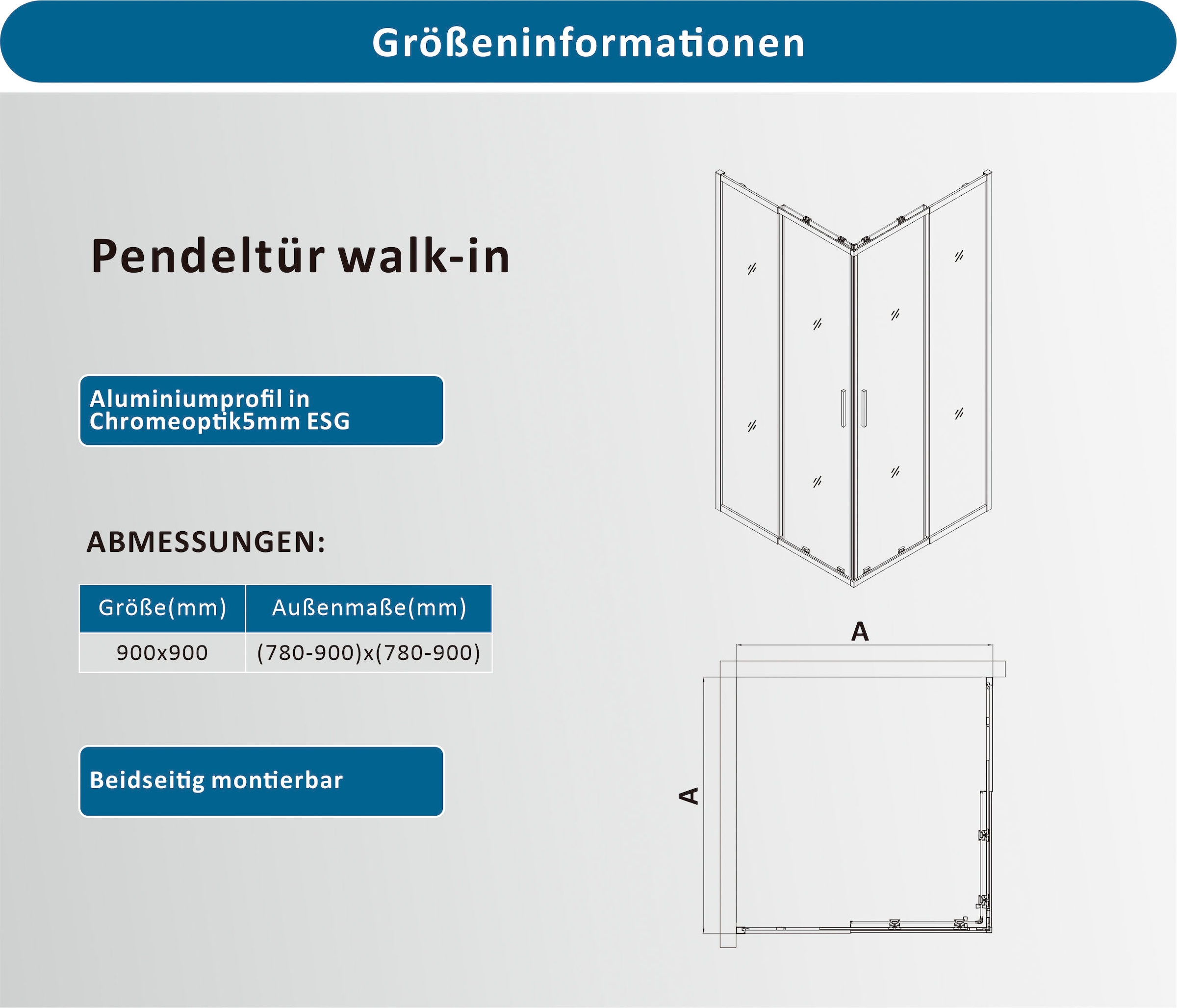 welltime Eckdusche »Trento Slimline« Verstellbereich 80-90cm, 5mm ESG, verbessertes Rollensystem