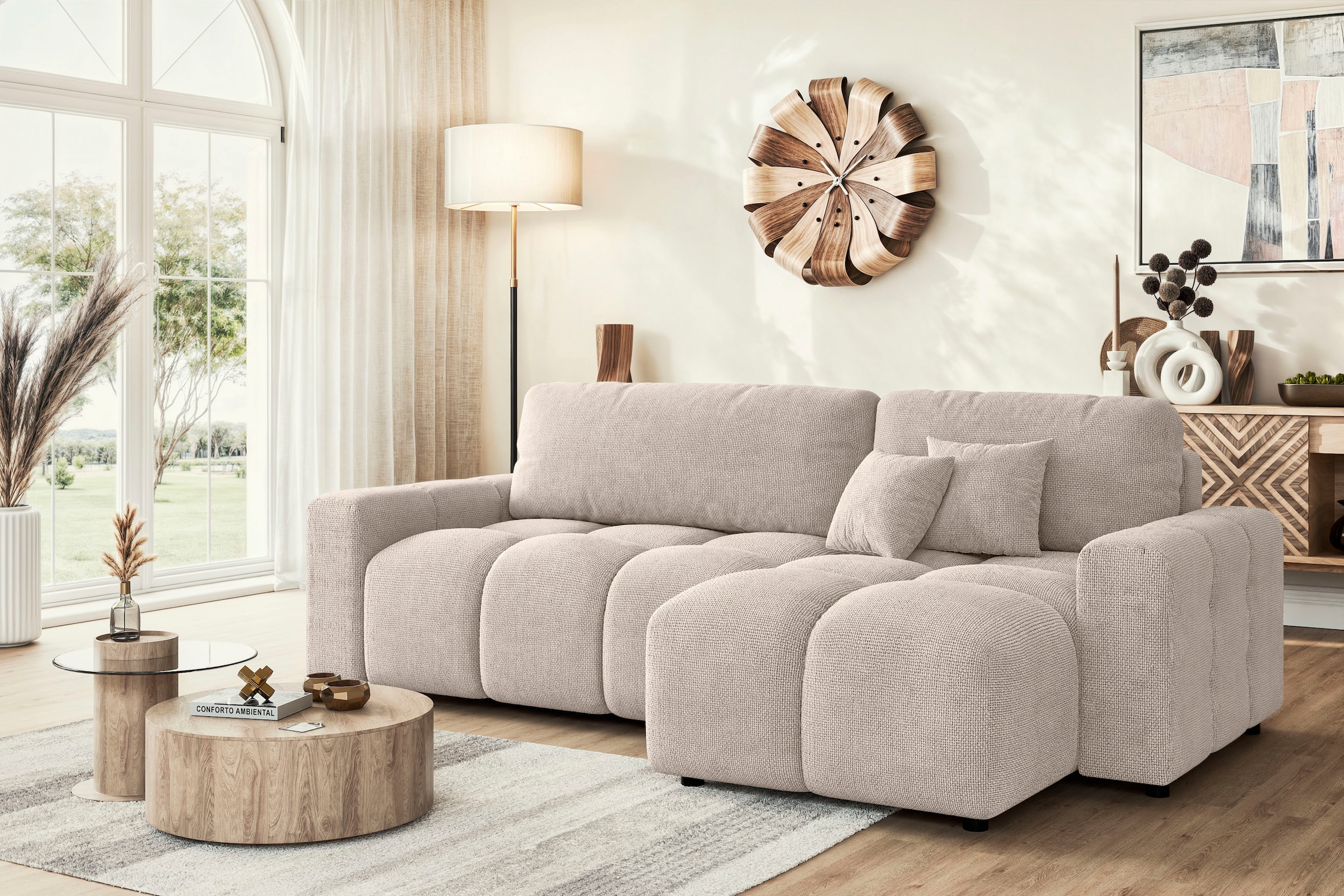 INOSIGN Ecksofa »FELICI, Schlafsofa 233cm, L-Form mit Recamiere beidseitig montierbar«, Designsofa mit Bettfunktion und Bettkasten, Maße B/T/H: 233/142/88 cm